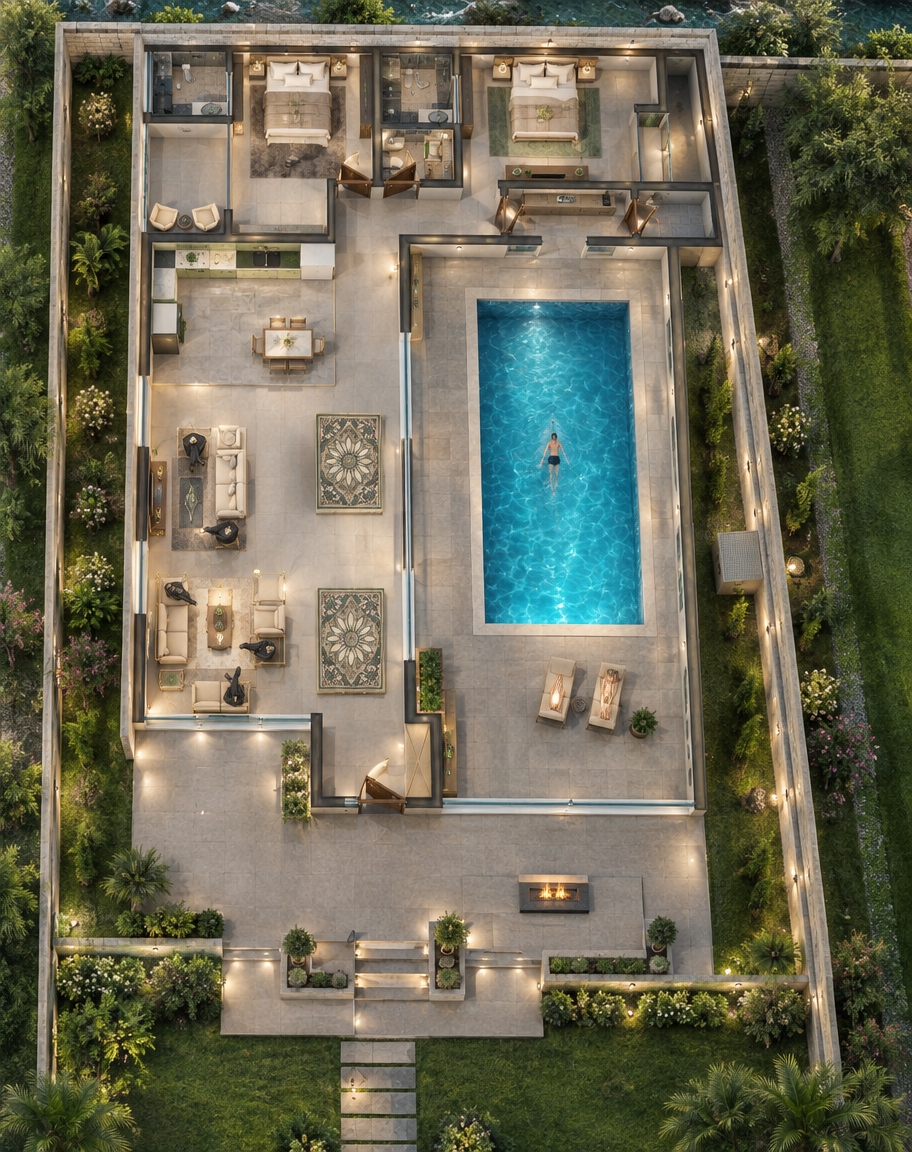 An incredibly lifelike, richly detailed, photorealistic wide-angle interior photograph of a luxurious classical villa's grand living hall and adjacent glass-enclosed indoor pool pavilion set in an exclusive private garden estate. The scene is illuminated by brilliant midday summer sunlight filtering through expansive side and front glazing, seamlessly balanced by warm 3000K recessed downlights and continuous concealed ceiling cove lighting that traces the refined neoclassical cornices, creating an effortlessly serene and opulent atmosphere. Captured with a professional 24mm architectural tilt-shift lens at eye level, emphasizing the crisp joint lines of large-format 80 cm × 80 cm honed gray ceramic floor tiles, delicate wall panel moldings, rich grain of the handcrafted dark wood staircase, and shimmering water caustics. 

Through the towering transparent glass partition, the crystal-clear turquoise waters of the indoor swimming pool glisten, where a solitary swimmer glides smoothly while another figure reclines casually on a sun lounger along the tiled deck. To the front, the living room opens out toward a stone terrace featuring an integrated architectural fire pit and manicured lawn, while lush side courtyard greenery provides soft, natural daylight against the villa's solid, windowless northern boundary wall.