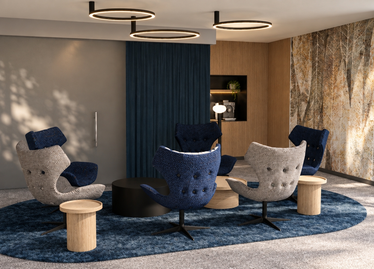 A crisp architectural photograph of the lounge captured at midday in autumn, keeping the exact spatial composition, camera angle, and geometry intact. Cool, indirect autumn daylight balances with the warm glow from the circular ceiling light rings, casting soft, authentic contact shadows beneath the swivel armchairs and small wooden tables. Surfaces feature tactile photorealism, including thick woven fabric on the blue and grey upholstered chairs, fine natural wood grain on the accent panels and side tables, deep pile texture on the blue area rug, and subtle wall finishes. Captured with a professional wide-angle lens showing realistic depth of field, gentle falloff, and subtle sensor grain for a true-to-life interior shot.