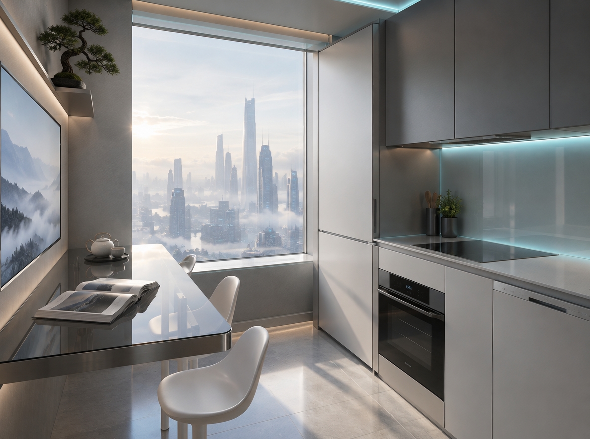 An incredibly lifelike, richly detailed, photorealistic wide-angle interior shot of a reimagined compact kitchen set in a serene urban high-rise. The scene is illuminated by soft natural morning light filtering through an expanded smart-glass window, balanced with subtle recessed neon under-cabinet lighting and tranquil cyan LED strip accents, creating a calm, high-tech, and contemplative atmosphere. Captured with a Hasselblad X2D 100C with a 24mm f/2.8 lens, emphasizing the seamless finishes of brushed aluminum, ultra-matte charcoal cabinetry, and polished translucent glass surfaces. In place of the cramped setup, the layout is reinvented into an impeccably streamlined, uncluttered culinary sanctuary defined by digital zen minimalism; the outdated refrigerator and stove are replaced by flush-mount, integrated smart appliances seamlessly concealed behind seamless white and cool-gray panels. Along the left wall, the cluttered table is upgraded to a cantilevered floating island crafted from smoked glass and brushed steel, flanked by two minimalist matte-white stools, upon which an open architectural photography book and a minimalist ceramic teapot rest on a pristine surface. Anchoring the dining zone, an ultra-thin digital landscape wall art display softly shifts through misty mountain panoramas, harmonizing with a sculpted indoor Japanese juniper bonsai perched on an integrated wall shelf. The window frame is rendered ultra-slim and frameless, offering an expansive view of a misty, futuristic skyline, achieving a perfect, harmonious balance between cutting-edge cyberpunk technology, human-scale functional elegance, and deep, restorative Zen tranquility.