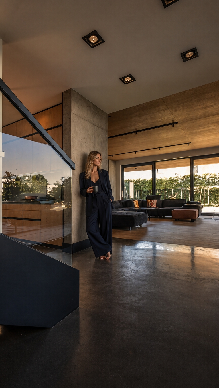 HYPER-REALISTIC ARCHITECTURAL INTERIOR PHOTOGRAPHY — ABSOLUTE REFERENCE PRESERVATION Transform this reference image into an ultra-realistic, high-end architectural lifestyle photograph while preserving absolutely everything visible in the original image. Use the reference image as the exact visual source of truth. The transformation is primarily about photographic realism, material realism, surface texture, lighting, atmosphere, depth, natural imperfections, and realistic human integration. The existing interior design, architecture, finishes, materials, furniture, objects, proportions, perspective and composition must remain unchanged. Do not redesign the interior. Do not reinterpret the interior. Do not replace existing materials. Do not change existing finishes. Do not change the existing colour palette. Do not change the architectural design. Do not change the furniture arrangement. Do not change the composition. The final image must look like the exact same interior photographed professionally with a high-end full-frame camera, with dramatically improved photographic realism and material quality. ================================================== ABSOLUTE PRESERVATION — HIGHEST PRIORITY ================================================== Preserve exactly: - existing architecture - room geometry - proportions - dimensions - walls - ceiling - floor - kitchen island - cabinetry - cabinet layout - tall units - wall panels - backsplash - countertops - appliances - sink - faucet - lighting fixtures - furniture - lounge chair - curtains - decorative objects - accessories - windows - glazing - doors - openings - existing materials - existing colours - existing finishes - object placement - spatial relationships - camera position - camera height - focal-length appearance - perspective - viewing direction - framing - crop - composition - visual hierarchy Do not add architectural elements. Do not remove architectural elements. Do not relocate anything. Do not resize anything. Do not simplify anything. Do not reconstruct anything. Do not modernize anything. Do not make the interior more luxurious by changing its design. Do not make the interior more minimal. Do not change the existing material palette. Do not change the existing colour palette. The original interior design must remain completely intact. ================================================== PRIMARY TRANSFORMATION ================================================== The only intended transformation is: 1. dramatically improve photographic realism 2. improve existing material texture quality 3. improve surface micro-detail 4. improve physically accurate light–material interaction 5. improve realistic reflections 6. improve realistic shadows 7. improve natural depth and tonal transitions 8. improve photographic atmosphere 9. naturally integrate the woman into the existing interior The final image must remain visually identical to the original reference in architecture, design, materials, furniture, objects, spatial relationships, camera and composition. ================================================== OVERALL MOOD ================================================== Create a dark, moody, low-key architectural photography atmosphere. The interior should feel: - warm - quiet - luxurious - sophisticated - intimate - calm - tactile - contemporary - naturally lived-in - architecturally refined Use restrained cinematic underexposure. The image should feel atmospheric and sophisticated rather than dramatically stylized. Maintain deep blacks and controlled shadows while preserving sufficient material information in darker areas. The mood must come from: - realistic exposure - warm artificial light - soft natural daylight - realistic material response - subtle shadow depth - controlled highlights - natural tonal transitions No excessive cinematic stylization. No exaggerated contrast. No crushed shadow detail. No artificial HDR. No excessive bloom. No artificial colour grading. ================================================== LIGHTING — CRITICAL PRIORITY ================================================== Physically accurate architectural photography lighting. Use deliberate cinematic underexposure while maintaining realistic exposure relationships between the interior, woman, furniture, walls, floor, cabinetry, kitchen island, ceiling, and all architectural elements. Warm artificial lighting approximately 2700–3000K remains restrained, soft, directional, and realistic. The warm artificial light should gently graze the existing warm natural wood surfaces and architectural elements, revealing their authentic natural grain, fine pores, subtle surface imperfections, micro-texture, and material depth primarily through controlled highlights and soft shadow transitions. Do NOT turn the existing wood into walnut. Do NOT darken the existing wood. Do NOT make the wood orange. Do NOT make the wood reddish. Do NOT change the existing wood colour. The warm light may create subtle warm tonal influence on the existing wood, but the underlying material and colour must remain faithful to the reference. Natural sunlight remains present and readable. Soft natural daylight enters the space naturally through the existing glazing and interacts with: - the dark floor - kitchen island - existing natural wood cabinetry - original wall surfaces - black architectural elements - countertop - furniture - curtains - decorative objects - the woman Natural daylight should create: - soft realistic highlights - subtle reflections - realistic shadow transitions - believable colour transitions - natural light falloff - physically accurate ambient illumination Maintain realistic exposure relationships between the brighter window area and the darker interior. The window area may remain naturally brighter than the interior, but it should retain believable photographic detail and must not appear artificially blown out. Use realistic: - indirect illumination - global illumination - bounce light - ambient occlusion - contact shadows - cast shadows - reflected light - natural colour bounce - realistic light falloff - physically accurate shadow density The woman must receive exactly the same lighting conditions as the surrounding architecture. Her skin, hair and navy clothing must respond naturally to the same warm artificial light and natural daylight. The woman must NOT appear separately illuminated. No beauty lighting. No studio lighting. No spotlight on the woman. No artificial rim light. No dramatic backlight added specifically for the woman. No artificial glow. No theatrical lighting. No visible light beams. No excessive volumetric light. No excessive bloom. No lens flare. No stylized lighting effects. The final lighting must look as though the entire scene — architecture, furniture, materials and woman — was photographed simultaneously inside the real interior. ================================================== EXISTING WOOD — PRESERVE EXACTLY ================================================== Preserve the existing warm natural wood cabinetry and wall elements exactly as shown in the reference. The existing wood colour must remain unchanged. Do NOT transform it into: - dark walnut - black wood - orange wood - reddish wood - yellow oak - grey wood - artificially stained wood Do not change the apparent species or visual identity of the existing wood. Only improve the realism and texture quality. The existing wood should look like authentic high-end natural architectural veneer photographed in real life. Create extremely realistic: - fine natural grain - subtle longitudinal grain direction - delicate pore structure - microscopic tonal variation - natural growth variation - subtle differences between veneer sheets - realistic veneer transitions - subtle surface irregularities - extremely fine tactile texture - realistic edge definition - natural light absorption - physically accurate reflectivity - subtle dimensional depth The grain should remain relatively calm, elegant and architectural. Avoid exaggerated rustic grain. Avoid dramatic knots. Avoid excessive contrast in the grain. Avoid repetitive patterns. Avoid cloned grain. Avoid procedural texture. Avoid perfectly uniform surfaces. Avoid excessive sharpening. The wood should look more realistic, not different. ================================================== WOOD SURFACE FINISH ================================================== Preserve the existing matte-to-satin appearance. Use subtle, physically accurate reflectivity. The surface should contain: - soft diffuse reflection - extremely subtle highlights - realistic micro-roughness - visible but restrained grain - natural pore structure - slight imperfections - realistic material depth The wood must never appear: - plastic - laminated - artificially glossy - artificially dark - synthetic - flat - CGI-generated ================================================== WALLS — ORIGINAL FINISH PRESERVED ================================================== Preserve the existing wall finish exactly as shown in the reference. Do NOT replace the walls with: - walnut - wood - concrete - stone - marble - decorative plaster - microcement - architectural panels - another material Do NOT change their colour. Do NOT change their geometry. Do NOT add cladding. Do NOT remove wall surfaces. Only improve their texture and photographic realism. The original wall surface should gain subtle: - micro-texture - natural surface irregularities - very fine tonal variation - realistic diffuse response - subtle pores - natural imperfections - believable material depth - realistic interaction with light The texture must remain subtle. It should be visible primarily through realistic light grazing across the surface rather than exaggerated artificial detail. The walls must still look exactly like the original walls. ================================================== CEILING — ORIGINAL FINISH PRESERVED ================================================== Preserve the existing ceiling exactly. Do not change: - colour - geometry - height - surface finish - lighting positions Improve only photographic realism. Create subtle natural tonal variation and realistic light falloff. No artificial texture. No decorative redesign. ================================================== BLACK ELEMENTS ================================================== Preserve all existing black elements exactly. This includes: - black cabinetry - black island - black backsplash - black vertical architectural elements - black curtains - black metal details - black frames - dark floor Do not change their colour. Do not lighten them. Do not replace them. Improve only their physical realism. Black surfaces should retain deep rich blacks while preserving subtle material information. Create realistic: - micro-roughness - soft reflections - subtle tonal variation - natural specular response - fine surface imperfections - realistic light absorption No artificial glossy black. No plastic black. No crushed black detail. No CGI appearance. ================================================== FLOOR — ORIGINAL DARK FINISH PRESERVED ================================================== Keep the existing dark floor exactly as shown in the reference. Do NOT replace it with concrete. Do NOT make it light grey. Do NOT change its colour. Do NOT change its geometry. Do NOT introduce new joints. Only improve its realism. Add extremely subtle: - natural micro-texture - fine surface variation - realistic diffuse reflection - subtle sheen - natural imperfections - physically accurate light reflection - realistic contact shadows The floor must remain dark, elegant and understated. No wet appearance. No mirror-like reflection. No excessive gloss. No plastic appearance. No artificial uniformity. ================================================== COUNTERTOPS ================================================== Preserve the existing countertop exactly. Maintain: - colour - geometry - thickness - edge profile - surface character - spatial position Improve only its physical realism. Create subtle: - mineral variation - micro-texture - realistic roughness - natural tonal variation - physically accurate reflection No material replacement. No colour change. ================================================== BLACK BACKSPLASH ================================================== Preserve the existing black backsplash exactly. Improve only: - surface depth - subtle micro-texture - realistic reflection - micro-roughness - light interaction - tonal variation Keep it dark, sophisticated and understated. No mirror effect. No excessive gloss. ================================================== METAL ELEMENTS ================================================== Preserve all existing metal fixtures and hardware exactly. This includes: - faucet - handles - lighting details - metal frames - other visible metal components Maintain their existing colour and finish. Improve: - realistic metal reflectivity - subtle imperfections - physically correct highlights - realistic edge reflections - natural interaction with surrounding light No exaggerated chrome. No excessive sharp reflections. ================================================== GLASS AND WINDOWS ================================================== Preserve the existing glazing and window frames exactly. Glass should remain physically realistic with: - subtle transparency - realistic reflections - slight atmospheric variation - natural exterior light - physically accurate refraction Do not alter the window dimensions. Do not redesign the glazing. Do not change the exterior architecture visible through the glass. ================================================== CURTAINS AND TEXTILES ================================================== Preserve the existing curtains and textiles exactly. Improve their realism through: - authentic textile structure - subtle individual fibre detail - natural folds - gravity-driven draping - realistic compression - realistic light absorption - natural shadow behaviour No artificial smoothing. No synthetic appearance. ================================================== MATERIAL REALISM ================================================== All materials must exhibit physically accurate behaviour under the existing lighting. Every surface should contain subtle real-world micro-imperfections appropriate to its material. Upholstered fabrics should show: - realistic textile density - subtle individual fibres - soft light absorption - natural creasing - subtle compression - realistic shadow behaviour Stone and mineral surfaces should feel: - heavy - tactile - dense - physically real - subtly porous - naturally varied Glass should remain: - physically transparent - subtly reflective - naturally refractive Metal should remain: - subdued - physically reflective - controlled in its highlights Wood should remain: - natural - warm - tactile - subtly textured - physically dimensional No material should appear excessively glossy or artificially perfect. ================================================== WOMAN — SAME WOMAN AS PREVIOUSLY CREATED ================================================== Add the SAME blonde woman from the previously created reference. She must visually correspond to the exact same woman previously generated. Do NOT generate a different woman. Do NOT create a generic blonde model. Preserve the same: - blonde hair character - hairstyle - facial proportions - facial character - natural expression - body type - body proportions - feminine silhouette - age appearance - overall appearance - relaxed personality - photographic quality She should look like the exact same real woman photographed during the same professional architectural photoshoot. ================================================== WOMAN — NATURAL APPEARANCE ================================================== Naturally beautiful adult blonde woman. Long, loose, softly wavy blonde hair. Warm natural blonde colour with subtle darker blonde roots and realistic tonal variation. Individual hair strands must be visible. Hair should contain: - natural flyaway strands - realistic density - believable volume - subtle irregularities - natural highlights - realistic interaction with ambient light Facial features should be refined but completely natural. Preserve subtle natural facial asymmetry. Skin should contain: - realistic pores - tiny imperfections - subtle tonal variation - believable translucency - physically accurate subsurface scattering - natural highlights - realistic shadow transitions No plastic skin. No airbrushed skin. No artificial beauty filter. No excessive smoothing. No mannequin appearance. No generic AI face. No excessive beauty retouching. ================================================== OUTFIT — SAME DESIGN, DEEP NAVY BLUE ================================================== The woman wears the SAME relaxed two-piece outfit from the original prompt, but the colour is changed to sophisticated deep navy blue. The outfit consists of: - relaxed oversized beige-style tailored blazer silhouette - matching very wide-leg full-length trousers - flowing wide trouser silhouette - relaxed contemporary tailoring - understated luxury aesthetic - premium linen-look textile - matte tactile surface The design, cut, proportions and silhouette must remain the same. Only the colour changes. The outfit colour must be: - deep navy blue - rich dark navy - sophisticated - slightly desaturated - elegant - architectural The navy must remain visibly navy rather than becoming black. Avoid: - bright blue - royal blue - electric blue - cyan - turquoise - purple-blue - overly saturated blue The navy fabric should respond naturally to the warm interior lighting. Warm light may create extremely subtle warm tonal influence on the fabric while the garment remains clearly deep navy. ================================================== CLOTHING REALISM ================================================== The navy outfit must look like genuine premium linen or very high-quality linen-look fabric. Include: - authentic fibre structure - subtle weave visibility - natural weave irregularities - realistic textile density - natural wrinkles - soft creasing - realistic compression - gravity-driven folds - slight irregularity - natural tension around elbows - realistic folds around waist - realistic folds around hips - natural draping around legs - matte light absorption - subtle highlights only where fabric catches light The trousers must remain VERY WIDE, flowing and full-length. The trouser legs should naturally fall toward the floor with realistic weight and gravity. The blazer should remain relaxed and slightly oversized. No synthetic appearance. No plastic texture. No glossy fabric. No excessive stiffness. No fashion illustration. No different outfit. No dress. No skirt. No jeans. No narrow trousers. No leggings. No bright colours. No logos. No unnecessary accessories. ================================================== BAREFOOT ================================================== The woman is barefoot. Her feet must be: - anatomically correct - naturally positioned - correctly proportioned - physically grounded - realistic in scale Use subtle physically accurate contact shadows. No floating feet. No distorted toes. No anatomical errors. ================================================== POSE ================================================== The woman stands naturally and calmly within the existing interior. Her posture is: - relaxed - subtle - elegant - believable - spontaneous Avoid a fashion-model pose. Avoid exaggerated body language. Avoid dramatic gestures. Use natural weight distribution. Relaxed shoulders. Subtle asymmetry. Natural arms and hands. Natural posture. She should look as though she is naturally inhabiting the kitchen during an architectural photoshoot. She should NOT appear to be intentionally posing for the camera. ================================================== HUMAN SCALE ================================================== Maintain physically correct human scale relative to: - kitchen island - cabinetry - countertop - doors - walls - floor - furniture - architectural openings - ceiling height - surrounding objects The woman must be correctly integrated into the spatial perspective. No oversized body. No undersized body. No distorted proportions. ================================================== HYPER-REALISTIC HUMAN DETAIL ================================================== The woman must look completely real. Skin: - realistic pores - subtle fine lines - natural imperfections - realistic tonal variation - believable translucency - soft subsurface scattering - natural highlights - realistic shadow transitions Hair: - individual strands - natural flyaway hairs - realistic density - physically believable volume - subtle tonal variation - natural highlights - realistic interaction with ambient light Hands: - anatomically correct hands - realistic fingers - correct finger proportions - natural joints - subtle skin folds - realistic nails Feet: - anatomically correct - realistic toes - realistic skin texture - natural weight distribution - accurate contact with floor ================================================== INTEGRATION WITH ARCHITECTURE ================================================== The woman must be physically integrated into the existing interior. She must receive exactly the same lighting conditions as the surrounding architecture. Her skin, hair and clothing must respond naturally to the same warm artificial light and natural daylight. Use physically accurate: - indirect illumination - reflected light - colour bounce - ambient occlusion - contact shadows - cast shadows - light falloff - exposure - depth - atmospheric interaction The existing warm natural wood should subtly influence the light falling onto her clothing and skin where physically appropriate. The dark floor should create subtle, physically accurate reflected ambient light. Her navy clothing should absorb and reflect light naturally according to its textile properties. Her presence must feel as if she was physically standing in the interior during the original architectural photoshoot. No cutout appearance. No pasted-on appearance. No halo. No edge artefacts. No mismatched sharpness. No mismatched colour temperature. No mismatched exposure. No artificial compositing. No artificial spotlight. ================================================== CAMERA AND COMPOSITION ================================================== The camera remains COMPLETELY LOCKED. Preserve exactly: - camera position - camera height - focal length - perspective - viewing direction - framing - crop - composition - architectural proportions - spatial relationships Do not move the camera. Do not zoom. Do not crop. Do not change the lens. Do not create another angle. Do not introduce another shot. Do not alter the perspective. The woman must be inserted into the existing composition without changing the framing. ================================================== DEPTH OF FIELD ================================================== Use natural full-frame architectural photography depth of field. Maintain realistic focus relationships between architecture and woman. No artificial excessive background blur. No cinematic fake bokeh. No exaggerated shallow depth of field. The image must retain sufficient architectural detail throughout the scene. ================================================== PHOTOGRAPHIC MICRO-DETAIL ================================================== Extremely realistic micro-contrast and organic sharpness. Natural full-frame camera rendering. Subtle optical characteristics of a professional architectural lens. Natural tonal roll-off. Realistic highlight behaviour. Realistic shadow transitions. Subtle film grain. No oversharpening. No excessive clarity. No HDR appearance. No artificial micro-contrast. No digital noise. ================================================== PHOTOGRAPHIC REALISM ================================================== The final image must look like a genuine high-end architectural photograph captured with a professional full-frame camera. It must NOT look like: - CGI - 3D render - computer-generated visualization - digital illustration - AI-generated interior - stylized image Use: - organic photographic sharpness - realistic micro-contrast - natural tonal roll-off - realistic highlights - realistic shadows - physically accurate reflections - natural material response - subtle optical characteristics - subtle film grain - authentic colour response No artificial perfection. ================================================== FINAL IMAGE QUALITY ================================================== Extreme detail. Hyper-realistic material definition. Organic photographic sharpness. Physically accurate light–material interaction. Natural human realism. Realistic architectural scale. Realistic reflections. Realistic shadows. Realistic textures. Realistic colour grading. Deep blacks. Controlled highlights. Natural tonal roll-off. Subtle film grain. Sophisticated editorial photography aesthetic. The final image must be completely indistinguishable from a real high-end architectural photograph captured on a professional full-frame camera. The architecture must remain exactly as in the reference. The materials must remain exactly as in the reference. The colours of the interior must remain exactly as in the reference. The camera must remain exactly as in the reference. The composition must remain exactly as in the reference. The woman must look like the SAME blonde woman previously created. She must wear the SAME two-piece outfit design, but in deep navy blue. She must appear completely real, natural, anatomically correct, physically grounded, and perfectly integrated into the architectural photograph. ================================================== FINAL NEGATIVE CONSTRAINTS ================================================== NO CHANGE TO ARCHITECTURE. NO CHANGE TO WALL FINISH. NO CHANGE TO FLOOR FINISH. NO CHANGE TO WOOD COLOUR. NO DARK WALNUT. NO LIGHT CONCRETE. NO MATERIAL REPLACEMENT. NO CHANGE TO CABINETRY. NO CHANGE TO FURNITURE. NO CHANGE TO OBJECT PLACEMENT. NO CHANGE TO LIGHTING DESIGN. NO CHANGE TO CAMERA. NO CHANGE TO PERSPECTIVE. NO CHANGE TO COMPOSITION. NO REDESIGN. NO REARRANGEMENT. NO NEW ARCHITECTURAL ELEMENTS. NO CGI LOOK. NO 3D RENDER LOOK. NO AI-GENERATED LOOK. NO DIGITAL ILLUSTRATION. NO STYLIZATION. NO ARTIFICIAL PERFECTION. NO PLASTIC MATERIALS. NO PLASTIC SKIN. NO FAKE WOOD GRAIN. NO PROCEDURAL TEXTURES. NO CLONED TEXTURES. NO EXCESSIVE WOOD GRAIN. NO EXCESSIVE GLOSS. NO ARTIFICIAL MIRROR REFLECTIONS. NO ARTIFICIAL HDR. NO EXCESSIVE SHARPNESS. NO ARTIFICIAL BOKEH. NO THEATRICAL LIGHTING. NO LIGHT BEAMS. NO LENS FLARE. NO EXCESSIVE BLOOM. NO ARTIFICIAL SPOTLIGHT ON WOMAN. NO BEAUTY LIGHTING. NO FASHION-MODEL POSE. NO CHILDREN. NO ADDITIONAL PEOPLE. NO DIFFERENT WOMAN. NO GENERIC AI FACE. NO BEAUTY FILTER. NO MANNEQUIN APPEARANCE. NO DISTORTED HANDS. NO DISTORTED FEET. NO ANATOMICAL ERRORS. NO FLOATING BODY. NO CUTOUT EFFECT. NO HALO. NO EDGE ARTEFACTS. NO COMPOSITING ARTEFACTS. NO MISMATCHED LIGHTING. NO MISMATCHED EXPOSURE. NO MISMATCHED COLOUR TEMPERATURE. NO MISMATCHED SHARPNESS. ================================================== FINAL DIRECTIVE ================================================== Preserve the exact original kitchen. Preserve the exact original architecture. Preserve the exact original materials. Preserve the exact original wall finish. Preserve the exact original warm natural wood. Preserve the exact original dark floor. Preserve the exact original black elements. Preserve the exact original furniture and objects. Preserve the exact original camera and composition. Improve ONLY photographic realism, material texture, micro-detail, lighting realism, surface depth, reflections, shadows and natural human integration. Maintain the dark, moody, warm, sophisticated luxury atmosphere of the original prompt. Use realistic 2700–3000K warm artificial lighting combined with soft natural daylight. Keep the interior deliberately slightly underexposed while preserving realistic material information. The woman must be the same blonde woman as previously created. She must wear the same wide-leg two-piece outfit design in sophisticated deep navy blue. She must look physically present inside the space, naturally illuminated by the exact same lighting as the architecture. The final result must look like a real professional architectural photograph, not a redesigned interior and not a CGI visualization.
