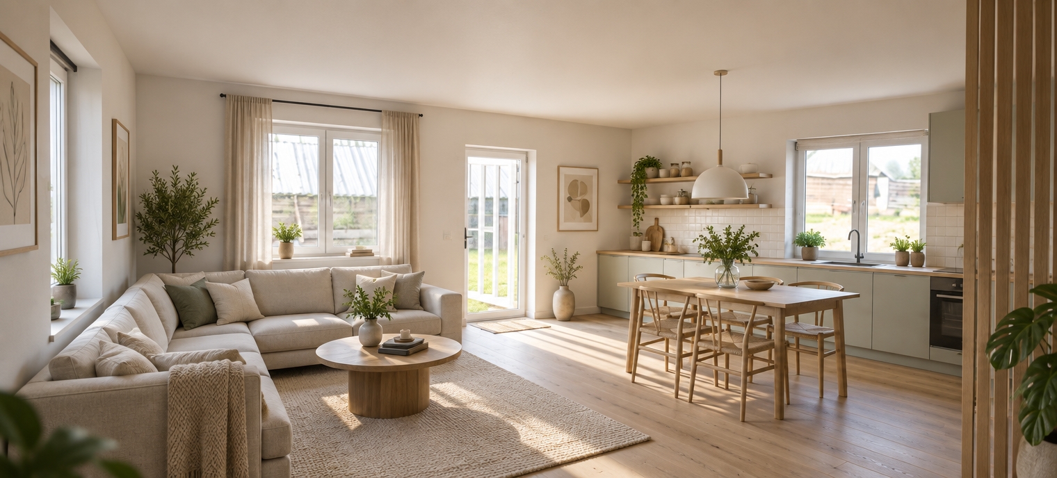 A wide-angle interior photograph of the room finished in a soft Scandinavian style, maintaining the exact architectural structure, perspective, and openings. The raw block walls are replaced with smooth, matte off-white plaster, paired with a clean white ceiling and pale oak flooring. A light-toned vertical wooden slat partition subtly divides the cozy living area on the left from the kitchen space on the right. Abundant, diffused morning daylight pours through the windows and glass door, casting gentle natural shadows and soft ambient fill throughout the interior. Shot on a 24mm tilt-shift lens at eye level, the image exhibits balanced exposure, neutral-warm color grading, realistic material micro-textures, and fine photographic grain.
