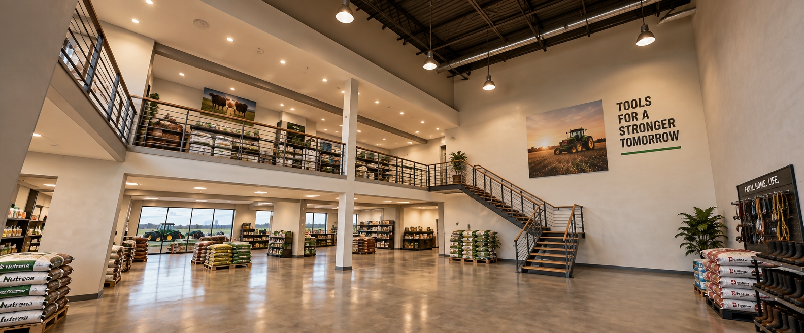 Architectural interior photograph of a spacious agricultural supply store maintaining the exact two-story layout, pillars, mezzanine, and staircase from the reference. The scene is illuminated by inviting, warm ambient lighting at 3000K, casting soft, diffuse shadows across a smooth, sealed concrete floor with faint surface imperfections. Structural columns and walls feature realistic matte plaster micro-textures, while the staircase has brushed steel railings and rich natural wood treads. Captured with a wide-angle architectural lens, featuring true-to-life reflections in the storefront glass, balanced warm-toned exposure, subtle corner vignetting, and natural optical depth.