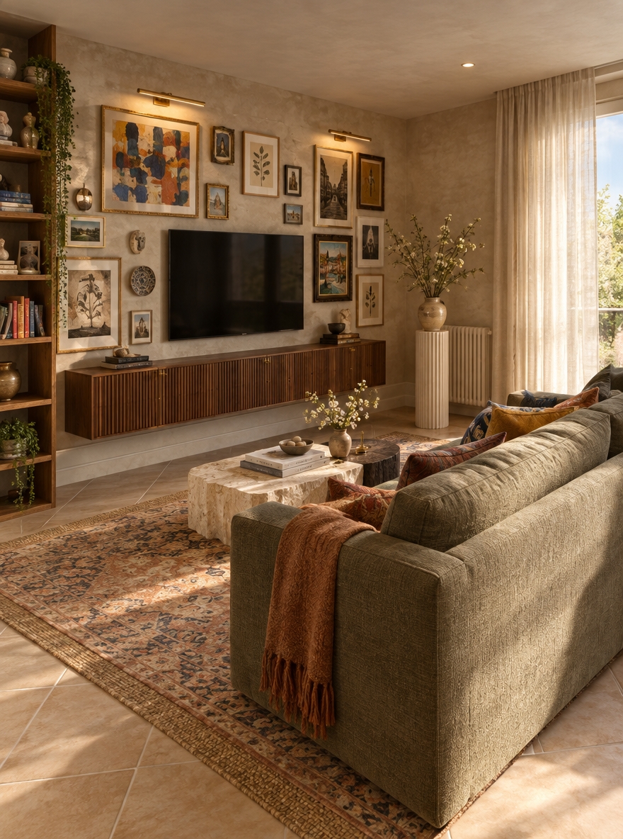 An incredibly lifelike, richly detailed, photorealistic wide-angle interior photograph of a reimagined, art-filled modern fusion living room set in a sunlit, curated home on a breezy spring afternoon. The scene is illuminated by natural, diffused midday sunlight pouring through organic sheer Belgian linen drapery alongside discreet, warm brass accent lights, creating an inspiring, deeply personal, and soulfully cozy atmosphere. Captured with a full-frame camera using a 28mm tilt-shift architectural lens at f/8, emphasizing the tactile interplay between chalky limewash walls, fluted walnut cabinetry, artisanal woven textiles, and the familiar diagonal beige ceramic floor tiles.

### Spatial Composition & Architecture
Maintaining the original footprint and layout, the space feels instantly expanded, balanced, and intentional. The room's foundational diagonal beige tiles are preserved and elevated, now anchored beneath the seating area by a generous, hand-knotted vintage Oushak rug layered over a textured flat-weave jute base. This grounding textile layer softens the hard surface underfoot while honoring the room's original character. 

To the right, the window is dressed in floor-to-ceiling, ceiling-recessed natural ivory linen drapes that filter the crisp midday spring light, framing an outdoor view of fresh budding green foliage and soft blue skies.

### The Seating Area
Replacing the bulky recliner is an elegant, deep-seated three-passenger linear sofa upholstered in a warm, textured oatmeal bouclé or earthy moss-green blended linen. Its tailored, clean-lined silhouette brings structural discipline to the room without sacrificing an ounce of comfort. Draped across one arm is a hand-spun merino wool throw in burnt ochre, accented with an eclectic collection of block-printed linen and silk-velvet cushions in muted mustard, terracotta, and indigo. 

In front of the linear sofa sits a duo of asymmetrical nesting coffee tables—one crafted from honed Roman travertine with raw chiseled edges, and the smaller one in dark fumed oak—holding art monographs, a matte ceramic dish with river stones, and a small vase of freshly cut white spring blossoms.

### The Art-Centric Media Wall
The wall behind the TV has been reimagined as an inspiring, salon-style gallery that seamlessly incorporates entertainment and high artistic expression:
* **The Media Unit:** Directly below the retained flat-screen TV rests a low-profile, floating credenza made of rich American walnut with subtle reeded wood detailing and brushed antique brass pulls, concealing all cables and electronics in an uncluttered, sophisticated fashion.
* **Curated Gallery Wall:** The expanse around and above the TV is curated with an eclectic, salon-hung art collection. Gilded vintage frames mix effortlessly with sleek black oak and minimalist natural birch mouldings. Pieces include vibrant modern abstract gouache paintings, framed botanical sketches, intimate architectural photography, and ceramic wall hangings that evoke travel and personal history.
* **Warm Lighting:** Above the main art groupings, slender picture lights in patinated aged brass cast a museum-grade, downward golden wash, ensuring the wall remains a captivating focal point day and night.

### Accents & Personal Details
Tall, slender floor-to-ceiling floating oak bookshelves flank the far left corner, styled thoughtfully with color-organized art anthologies, trailing string-of-pearls plants cascading down the shelves, sculptural brutalist stoneware, and cherished travel mementos. On the right, beside the radiator and window, a sculptural pedestal in cream-toned fluted plaster supports a ceramic vase brimming with tall, feathery spring branches that reach toward the light.

Every element in this modern fusion design works collaboratively: the structural poise of the linear sofa, the warmth of the preserved tile floor, and the vibrant, highly personal tapestry of art come together to create an uplifting sanctuary designed for both everyday relaxation and endless creative inspiration.