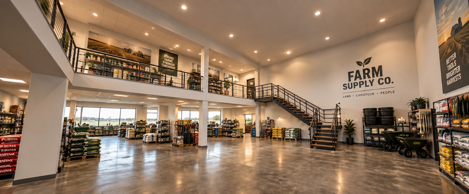 A wide-angle interior photograph of an agricultural supply store maintaining the exact architectural layout, mezzanine structure, pillars, and staircase. The scene is illuminated by warm, inviting interior light casting soft ambient glows and gentle shadows across polished concrete floors with subtle surface scuffs and realistic reflections. Structural columns and drywall surfaces feature authentic matte plaster textures, while the modern metal railings and staircase display refined brushed steel and natural dark wood treads. Background windows bring in balanced daylight to complement the warm indoor color temperature, captured with realistic lens exposure, natural micro-textures, and fine photographic depth.