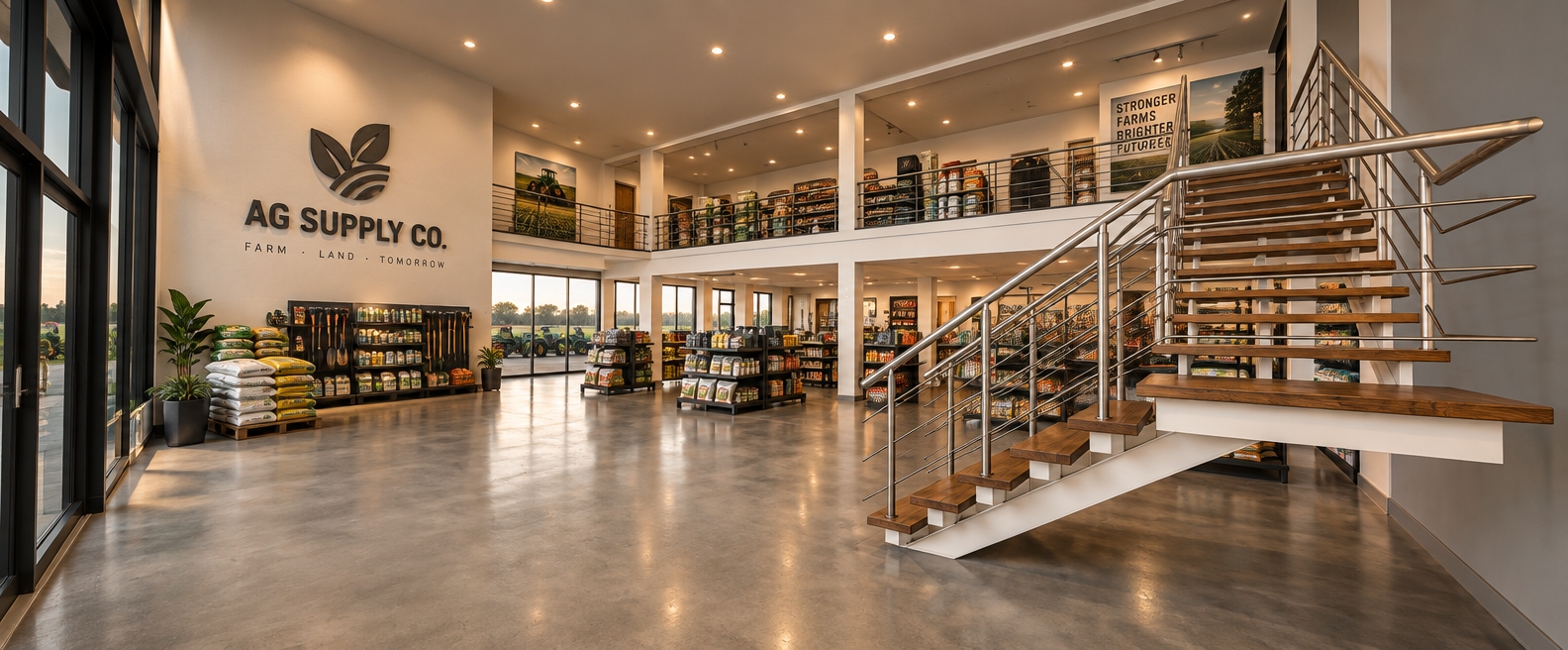 A photorealistic wide-angle architectural photograph capturing the exact two-story interior of an agricultural supply store, illuminated by inviting, warm 3000K lighting balanced with soft ambient daylight filtering through the rear glass facade. The polished gray concrete floor features realistic surface sheen, subtle imperfections, and faint reflections of the white architectural columns and upper mezzanine framework. The modern staircase on the right displays rich, natural hardwood treads with defined wood grain alongside brushed stainless steel railings that catch gentle specular highlights. The scene is rendered with crisp architectural clarity, balanced dynamic range, realistic shadow falloff under the warm retail lighting, and subtle photographic grain without altering the perspective or geometry.