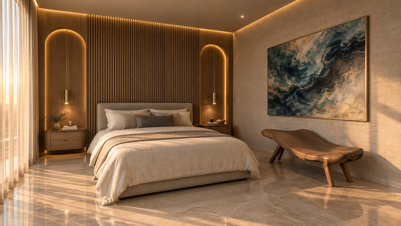 An incredibly lifelike, richly detailed, photorealistic wide-angle interior shot of a sanctuary-like bedroom set in a luxury contemporary villa. The scene is illuminated by a warm, golden hour glow filtering through floor-to-ceiling sheer curtains, complemented by soft-edge LED strip lighting that traces the architectural curves, creating a serene, sophisticated atmosphere. Captured with a 35mm lens, emphasizing the tactile interplay between smooth, polished stone floors and the organic, vertical ribbing of the feature wall.

The room is a masterclass in contemporary elegance, defined by a palette of pearl, champagne, and muted, soft grays. At the heart of the space, the bed is dressed in layers of high-thread-count linen and tactile fabrics, exuding a sense of refined comfort. The focal point is the impressive floor-to-ceiling accent wall, featuring intricate vertical wood slats that frame the headboard, flanked by two dramatic, arched alcoves. These niches, lined with matching wood paneling and haloed by hidden integrated lighting, act as a modern frame for the symmetrical bedside arrangement.

To the right, a striking piece of abstract wall art—reminiscent of deep, swirling ocean waters—provides a powerful contrast to the neutral, linen-textured walls, drawing the eye toward a sculptural, fluid-form wooden bench. This piece serves as a sophisticated artistic statement, its organic curves grounding the clean, linear geometry of the room. The polished stone floor features subtle, light-veined marble reflections, adding to the airy, luminous quality of the space. Every element, from the curated, understated decor on the nightstand to the slim, barely-there metal accents on the furniture, feels intentionally placed to maintain a balanced, clutter-free aesthetic. The composition is expertly weighted, with the golden light creating long, soft shadows that enhance the depth and perspective of the room, inviting a sense of peaceful, high-end repose.