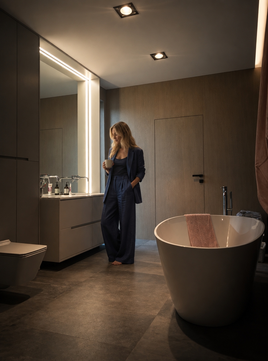 HYPER-REALISTIC ARCHITECTURAL INTERIOR PHOTOGRAPHY — ABSOLUTE REFERENCE PRESERVATION Transform this reference image into an ultra-realistic, high-end architectural lifestyle photograph while preserving absolutely everything visible in the original image. Use the reference image as the exact visual source of truth. The transformation is primarily about photographic realism, material realism, surface texture, lighting, atmosphere, depth, natural imperfections, and realistic human integration. The existing interior design, architecture, finishes, materials, furniture, objects, proportions, perspective and composition must remain unchanged. Do not redesign the interior. Do not reinterpret the interior. Do not replace existing materials. Do not change existing finishes. Do not change the existing colour palette. Do not change the architectural design. Do not change the furniture arrangement. Do not change the composition. The final image must look like the exact same interior photographed professionally with a high-end full-frame camera, with dramatically improved photographic realism and material quality. ================================================== ABSOLUTE PRESERVATION — HIGHEST PRIORITY ================================================== Preserve exactly: - existing architecture - room geometry - proportions - dimensions - walls - ceiling - floor - kitchen island - cabinetry - cabinet layout - tall units - wall panels - backsplash - countertops - appliances - sink - faucet - lighting fixtures - furniture - lounge chair - curtains - decorative objects - accessories - windows - glazing - doors - openings - existing materials - existing colours - existing finishes - object placement - spatial relationships - camera position - camera height - focal-length appearance - perspective - viewing direction - framing - crop - composition - visual hierarchy Do not add architectural elements. Do not remove architectural elements. Do not relocate anything. Do not resize anything. Do not simplify anything. Do not reconstruct anything. Do not modernize anything. Do not make the interior more luxurious by changing its design. Do not make the interior more minimal. Do not change the existing material palette. Do not change the existing colour palette. The original interior design must remain completely intact. ================================================== PRIMARY TRANSFORMATION ================================================== The only intended transformation is: 1. dramatically improve photographic realism 2. improve existing material texture quality 3. improve surface micro-detail 4. improve physically accurate light–material interaction 5. improve realistic reflections 6. improve realistic shadows 7. improve natural depth and tonal transitions 8. improve photographic atmosphere 9. naturally integrate the woman into the existing interior The final image must remain visually identical to the original reference in architecture, design, materials, furniture, objects, spatial relationships, camera and composition. ================================================== OVERALL MOOD ================================================== Create a dark, moody, low-key architectural photography atmosphere. The interior should feel: - warm - quiet - luxurious - sophisticated - intimate - calm - tactile - contemporary - naturally lived-in - architecturally refined Use restrained cinematic underexposure. The image should feel atmospheric and sophisticated rather than dramatically stylized. Maintain deep blacks and controlled shadows while preserving sufficient material information in darker areas. The mood must come from: - realistic exposure - warm artificial light - soft natural daylight - realistic material response - subtle shadow depth - controlled highlights - natural tonal transitions No excessive cinematic stylization. No exaggerated contrast. No crushed shadow detail. No artificial HDR. No excessive bloom. No artificial colour grading. ================================================== LIGHTING — CRITICAL PRIORITY ================================================== Physically accurate architectural photography lighting. Use deliberate cinematic underexposure while maintaining realistic exposure relationships between the interior, woman, furniture, walls, floor, cabinetry, kitchen island, ceiling, and all architectural elements. Warm artificial lighting approximately 2700–3000K remains restrained, soft, directional, and realistic. The warm artificial light should gently graze the existing warm natural wood surfaces and architectural elements, revealing their authentic natural grain, fine pores, subtle surface imperfections, micro-texture, and material depth primarily through controlled highlights and soft shadow transitions. Do NOT turn the existing wood into walnut. Do NOT darken the existing wood. Do NOT make the wood orange. Do NOT make the wood reddish. Do NOT change the existing wood colour. The warm light may create subtle warm tonal influence on the existing wood, but the underlying material and colour must remain faithful to the reference. Natural sunlight remains present and readable. Soft natural daylight enters the space naturally through the existing glazing and interacts with: - the dark floor - kitchen island - existing natural wood cabinetry - original wall surfaces - black architectural elements - countertop - furniture - curtains - decorative objects - the woman Natural daylight should create: - soft realistic highlights - subtle reflections - realistic shadow transitions - believable colour transitions - natural light falloff - physically accurate ambient illumination Maintain realistic exposure relationships between the brighter window area and the darker interior. The window area may remain naturally brighter than the interior, but it should retain believable photographic detail and must not appear artificially blown out. Use realistic: - indirect illumination - global illumination - bounce light - ambient occlusion - contact shadows - cast shadows - reflected light - natural colour bounce - realistic light falloff - physically accurate shadow density The woman must receive exactly the same lighting conditions as the surrounding architecture. Her skin, hair and navy clothing must respond naturally to the same warm artificial light and natural daylight. The woman must NOT appear separately illuminated. No beauty lighting. No studio lighting. No spotlight on the woman. No artificial rim light. No dramatic backlight added specifically for the woman. No artificial glow. No theatrical lighting. No visible light beams. No excessive volumetric light. No excessive bloom. No lens flare. No stylized lighting effects. The final lighting must look as though the entire scene — architecture, furniture, materials and woman — was photographed simultaneously inside the real interior. ================================================== EXISTING WOOD — PRESERVE EXACTLY ================================================== Preserve the existing warm natural wood cabinetry and wall elements exactly as shown in the reference. The existing wood colour must remain unchanged. Do NOT transform it into: - dark walnut - black wood - orange wood - reddish wood - yellow oak - grey wood - artificially stained wood Do not change the apparent species or visual identity of the existing wood. Only improve the realism and texture quality. The existing wood should look like authentic high-end natural architectural veneer photographed in real life. Create extremely realistic: - fine natural grain - subtle longitudinal grain direction - delicate pore structure - microscopic tonal variation - natural growth variation - subtle differences between veneer sheets - realistic veneer transitions - subtle surface irregularities - extremely fine tactile texture - realistic edge definition - natural light absorption - physically accurate reflectivity - subtle dimensional depth The grain should remain relatively calm, elegant and architectural. Avoid exaggerated rustic grain. Avoid dramatic knots. Avoid excessive contrast in the grain. Avoid repetitive patterns. Avoid cloned grain. Avoid procedural texture. Avoid perfectly uniform surfaces. Avoid excessive sharpening. The wood should look more realistic, not different. ================================================== WOOD SURFACE FINISH ================================================== Preserve the existing matte-to-satin appearance. Use subtle, physically accurate reflectivity. The surface should contain: - soft diffuse reflection - extremely subtle highlights - realistic micro-roughness - visible but restrained grain - natural pore structure - slight imperfections - realistic material depth The wood must never appear: - plastic - laminated - artificially glossy - artificially dark - synthetic - flat - CGI-generated ================================================== WALLS — ORIGINAL FINISH PRESERVED ================================================== Preserve the existing wall finish exactly as shown in the reference. Do NOT replace the walls with: - walnut - wood - concrete - stone - marble - decorative plaster - microcement - architectural panels - another material Do NOT change their colour. Do NOT change their geometry. Do NOT add cladding. Do NOT remove wall surfaces. Only improve their texture and photographic realism. The original wall surface should gain subtle: - micro-texture - natural surface irregularities - very fine tonal variation - realistic diffuse response - subtle pores - natural imperfections - believable material depth - realistic interaction with light The texture must remain subtle. It should be visible primarily through realistic light grazing across the surface rather than exaggerated artificial detail. The walls must still look exactly like the original walls. ================================================== CEILING — ORIGINAL FINISH PRESERVED ================================================== Preserve the existing ceiling exactly. Do not change: - colour - geometry - height - surface finish - lighting positions Improve only photographic realism. Create subtle natural tonal variation and realistic light falloff. No artificial texture. No decorative redesign. ================================================== BLACK ELEMENTS ================================================== Preserve all existing black elements exactly. This includes: - black cabinetry - black island - black backsplash - black vertical architectural elements - black curtains - black metal details - black frames - dark floor Do not change their colour. Do not lighten them. Do not replace them. Improve only their physical realism. Black surfaces should retain deep rich blacks while preserving subtle material information. Create realistic: - micro-roughness - soft reflections - subtle tonal variation - natural specular response - fine surface imperfections - realistic light absorption No artificial glossy black. No plastic black. No crushed black detail. No CGI appearance. ================================================== FLOOR — ORIGINAL DARK FINISH PRESERVED ================================================== Keep the existing dark floor exactly as shown in the reference. Do NOT replace it with concrete. Do NOT make it light grey. Do NOT change its colour. Do NOT change its geometry. Do NOT introduce new joints. Only improve its realism. Add extremely subtle: - natural micro-texture - fine surface variation - realistic diffuse reflection - subtle sheen - natural imperfections - physically accurate light reflection - realistic contact shadows The floor must remain dark, elegant and understated. No wet appearance. No mirror-like reflection. No excessive gloss. No plastic appearance. No artificial uniformity. ================================================== COUNTERTOPS ================================================== Preserve the existing countertop exactly. Maintain: - colour - geometry - thickness - edge profile - surface character - spatial position Improve only its physical realism. Create subtle: - mineral variation - micro-texture - realistic roughness - natural tonal variation - physically accurate reflection No material replacement. No colour change. ================================================== BLACK BACKSPLASH ================================================== Preserve the existing black backsplash exactly. Improve only: - surface depth - subtle micro-texture - realistic reflection - micro-roughness - light interaction - tonal variation Keep it dark, sophisticated and understated. No mirror effect. No excessive gloss. ================================================== METAL ELEMENTS ================================================== Preserve all existing metal fixtures and hardware exactly. This includes: - faucet - handles - lighting details - metal frames - other visible metal components Maintain their existing colour and finish. Improve: - realistic metal reflectivity - subtle imperfections - physically correct highlights - realistic edge reflections - natural interaction with surrounding light No exaggerated chrome. No excessive sharp reflections. ================================================== GLASS AND WINDOWS ================================================== Preserve the existing glazing and window frames exactly. Glass should remain physically realistic with: - subtle transparency - realistic reflections - slight atmospheric variation - natural exterior light - physically accurate refraction Do not alter the window dimensions. Do not redesign the glazing. Do not change the exterior architecture visible through the glass. ================================================== CURTAINS AND TEXTILES ================================================== Preserve the existing curtains and textiles exactly. Improve their realism through: - authentic textile structure - subtle individual fibre detail - natural folds - gravity-driven draping - realistic compression - realistic light absorption - natural shadow behaviour No artificial smoothing. No synthetic appearance. ================================================== MATERIAL REALISM ================================================== All materials must exhibit physically accurate behaviour under the existing lighting. Every surface should contain subtle real-world micro-imperfections appropriate to its material. Upholstered fabrics should show: - realistic textile density - subtle individual fibres - soft light absorption - natural creasing - subtle compression - realistic shadow behaviour Stone and mineral surfaces should feel: - heavy - tactile - dense - physically real - subtly porous - naturally varied Glass should remain: - physically transparent - subtly reflective - naturally refractive Metal should remain: - subdued - physically reflective - controlled in its highlights Wood should remain: - natural - warm - tactile - subtly textured - physically dimensional No material should appear excessively glossy or artificially perfect. ================================================== WOMAN — SAME WOMAN AS PREVIOUSLY CREATED ================================================== Add the SAME blonde woman from the previously created reference. She must visually correspond to the exact same woman previously generated. Do NOT generate a different woman. Do NOT create a generic blonde model. Preserve the same: - blonde hair character - hairstyle - facial proportions - facial character - natural expression - body type - body proportions - feminine silhouette - age appearance - overall appearance - relaxed personality - photographic quality She should look like the exact same real woman photographed during the same professional architectural photoshoot. ================================================== WOMAN — NATURAL APPEARANCE ================================================== Naturally beautiful adult blonde woman. Long, loose, softly wavy blonde hair. Warm natural blonde colour with subtle darker blonde roots and realistic tonal variation. Individual hair strands must be visible. Hair should contain: - natural flyaway strands - realistic density - believable volume - subtle irregularities - natural highlights - realistic interaction with ambient light Facial features should be refined but completely natural. Preserve subtle natural facial asymmetry. Skin should contain: - realistic pores - tiny imperfections - subtle tonal variation - believable translucency - physically accurate subsurface scattering - natural highlights - realistic shadow transitions No plastic skin. No airbrushed skin. No artificial beauty filter. No excessive smoothing. No mannequin appearance. No generic AI face. No excessive beauty retouching. ================================================== OUTFIT — SAME DESIGN, DEEP NAVY BLUE ================================================== The woman wears the SAME relaxed two-piece outfit from the original prompt, but the colour is changed to sophisticated deep navy blue. The outfit consists of: - relaxed oversized beige-style tailored blazer silhouette - matching very wide-leg full-length trousers - flowing wide trouser silhouette - relaxed contemporary tailoring - understated luxury aesthetic - premium linen-look textile - matte tactile surface The design, cut, proportions and silhouette must remain the same. Only the colour changes. The outfit colour must be: - deep navy blue - rich dark navy - sophisticated - slightly desaturated - elegant - architectural The navy must remain visibly navy rather than becoming black. Avoid: - bright blue - royal blue - electric blue - cyan - turquoise - purple-blue - overly saturated blue The navy fabric should respond naturally to the warm interior lighting. Warm light may create extremely subtle warm tonal influence on the fabric while the garment remains clearly deep navy. ================================================== CLOTHING REALISM ================================================== The navy outfit must look like genuine premium linen or very high-quality linen-look fabric. Include: - authentic fibre structure - subtle weave visibility - natural weave irregularities - realistic textile density - natural wrinkles - soft creasing - realistic compression - gravity-driven folds - slight irregularity - natural tension around elbows - realistic folds around waist - realistic folds around hips - natural draping around legs - matte light absorption - subtle highlights only where fabric catches light The trousers must remain VERY WIDE, flowing and full-length. The trouser legs should naturally fall toward the floor with realistic weight and gravity. The blazer should remain relaxed and slightly oversized. No synthetic appearance. No plastic texture. No glossy fabric. No excessive stiffness. No fashion illustration. No different outfit. No dress. No skirt. No jeans. No narrow trousers. No leggings. No bright colours. No logos. No unnecessary accessories. ================================================== BAREFOOT ================================================== The woman is barefoot. Her feet must be: - anatomically correct - naturally positioned - correctly proportioned - physically grounded - realistic in scale Use subtle physically accurate contact shadows. No floating feet. No distorted toes. No anatomical errors. ================================================== POSE ================================================== The woman stands naturally and calmly within the existing interior. Her posture is: - relaxed - subtle - elegant - believable - spontaneous Avoid a fashion-model pose. Avoid exaggerated body language. Avoid dramatic gestures. Use natural weight distribution. Relaxed shoulders. Subtle asymmetry. Natural arms and hands. Natural posture. She should look as though she is naturally inhabiting the kitchen during an architectural photoshoot. She should NOT appear to be intentionally posing for the camera. ================================================== HUMAN SCALE ================================================== Maintain physically correct human scale relative to: - kitchen island - cabinetry - countertop - doors - walls - floor - furniture - architectural openings - ceiling height - surrounding objects The woman must be correctly integrated into the spatial perspective. No oversized body. No undersized body. No distorted proportions. ================================================== HYPER-REALISTIC HUMAN DETAIL ================================================== The woman must look completely real. Skin: - realistic pores - subtle fine lines - natural imperfections - realistic tonal variation - believable translucency - soft subsurface scattering - natural highlights - realistic shadow transitions Hair: - individual strands - natural flyaway hairs - realistic density - physically believable volume - subtle tonal variation - natural highlights - realistic interaction with ambient light Hands: - anatomically correct hands - realistic fingers - correct finger proportions - natural joints - subtle skin folds - realistic nails Feet: - anatomically correct - realistic toes - realistic skin texture - natural weight distribution - accurate contact with floor ================================================== INTEGRATION WITH ARCHITECTURE ================================================== The woman must be physically integrated into the existing interior. She must receive exactly the same lighting conditions as the surrounding architecture. Her skin, hair and clothing must respond naturally to the same warm artificial light and natural daylight. Use physically accurate: - indirect illumination - reflected light - colour bounce - ambient occlusion - contact shadows - cast shadows - light falloff - exposure - depth - atmospheric interaction The existing warm natural wood should subtly influence the light falling onto her clothing and skin where physically appropriate. The dark floor should create subtle, physically accurate reflected ambient light. Her navy clothing should absorb and reflect light naturally according to its textile properties. Her presence must feel as if she was physically standing in the interior during the original architectural photoshoot. No cutout appearance. No pasted-on appearance. No halo. No edge artefacts. No mismatched sharpness. No mismatched colour temperature. No mismatched exposure. No artificial compositing. No artificial spotlight. ================================================== CAMERA AND COMPOSITION ================================================== The camera remains COMPLETELY LOCKED. Preserve exactly: - camera position - camera height - focal length - perspective - viewing direction - framing - crop - composition - architectural proportions - spatial relationships Do not move the camera. Do not zoom. Do not crop. Do not change the lens. Do not create another angle. Do not introduce another shot. Do not alter the perspective. The woman must be inserted into the existing composition without changing the framing. ================================================== DEPTH OF FIELD ================================================== Use natural full-frame architectural photography depth of field. Maintain realistic focus relationships between architecture and woman. No artificial excessive background blur. No cinematic fake bokeh. No exaggerated shallow depth of field. The image must retain sufficient architectural detail throughout the scene. ================================================== PHOTOGRAPHIC MICRO-DETAIL ================================================== Extremely realistic micro-contrast and organic sharpness. Natural full-frame camera rendering. Subtle optical characteristics of a professional architectural lens. Natural tonal roll-off. Realistic highlight behaviour. Realistic shadow transitions. Subtle film grain. No oversharpening. No excessive clarity. No HDR appearance. No artificial micro-contrast. No digital noise. ================================================== PHOTOGRAPHIC REALISM ================================================== The final image must look like a genuine high-end architectural photograph captured with a professional full-frame camera. It must NOT look like: - CGI - 3D render - computer-generated visualization - digital illustration - AI-generated interior - stylized image Use: - organic photographic sharpness - realistic micro-contrast - natural tonal roll-off - realistic highlights - realistic shadows - physically accurate reflections - natural material response - subtle optical characteristics - subtle film grain - authentic colour response No artificial perfection. ================================================== FINAL IMAGE QUALITY ================================================== Extreme detail. Hyper-realistic material definition. Organic photographic sharpness. Physically accurate light–material interaction. Natural human realism. Realistic architectural scale. Realistic reflections. Realistic shadows. Realistic textures. Realistic colour grading. Deep blacks. Controlled highlights. Natural tonal roll-off. Subtle film grain. Sophisticated editorial photography aesthetic. The final image must be completely indistinguishable from a real high-end architectural photograph captured on a professional full-frame camera. The architecture must remain exactly as in the reference. The materials must remain exactly as in the reference. The colours of the interior must remain exactly as in the reference. The camera must remain exactly as in the reference. The composition must remain exactly as in the reference. The woman must look like the SAME blonde woman previously created. She must wear the SAME two-piece outfit design, but in deep navy blue. She must appear completely real, natural, anatomically correct, physically grounded, and perfectly integrated into the architectural photograph. ================================================== FINAL NEGATIVE CONSTRAINTS ================================================== NO CHANGE TO ARCHITECTURE. NO CHANGE TO WALL FINISH. NO CHANGE TO FLOOR FINISH. NO CHANGE TO WOOD COLOUR. NO DARK WALNUT. NO LIGHT CONCRETE. NO MATERIAL REPLACEMENT. NO CHANGE TO CABINETRY. NO CHANGE TO FURNITURE. NO CHANGE TO OBJECT PLACEMENT. NO CHANGE TO LIGHTING DESIGN. NO CHANGE TO CAMERA. NO CHANGE TO PERSPECTIVE. NO CHANGE TO COMPOSITION. NO REDESIGN. NO REARRANGEMENT. NO NEW ARCHITECTURAL ELEMENTS. NO CGI LOOK. NO 3D RENDER LOOK. NO AI-GENERATED LOOK. NO DIGITAL ILLUSTRATION. NO STYLIZATION. NO ARTIFICIAL PERFECTION. NO PLASTIC MATERIALS. NO PLASTIC SKIN. NO FAKE WOOD GRAIN. NO PROCEDURAL TEXTURES. NO CLONED TEXTURES. NO EXCESSIVE WOOD GRAIN. NO EXCESSIVE GLOSS. NO ARTIFICIAL MIRROR REFLECTIONS. NO ARTIFICIAL HDR. NO EXCESSIVE SHARPNESS. NO ARTIFICIAL BOKEH. NO THEATRICAL LIGHTING. NO LIGHT BEAMS. NO LENS FLARE. NO EXCESSIVE BLOOM. NO ARTIFICIAL SPOTLIGHT ON WOMAN. NO BEAUTY LIGHTING. NO FASHION-MODEL POSE. NO CHILDREN. NO ADDITIONAL PEOPLE. NO DIFFERENT WOMAN. NO GENERIC AI FACE. NO BEAUTY FILTER. NO MANNEQUIN APPEARANCE. NO DISTORTED HANDS. NO DISTORTED FEET. NO ANATOMICAL ERRORS. NO FLOATING BODY. NO CUTOUT EFFECT. NO HALO. NO EDGE ARTEFACTS. NO COMPOSITING ARTEFACTS. NO MISMATCHED LIGHTING. NO MISMATCHED EXPOSURE. NO MISMATCHED COLOUR TEMPERATURE. NO MISMATCHED SHARPNESS. ================================================== FINAL DIRECTIVE ================================================== Preserve the exact original kitchen. Preserve the exact original architecture. Preserve the exact original materials. Preserve the exact original wall finish. Preserve the exact original warm natural wood. Preserve the exact original dark floor. Preserve the exact original black elements. Preserve the exact original furniture and objects. Preserve the exact original camera and composition. Improve ONLY photographic realism, material texture, micro-detail, lighting realism, surface depth, reflections, shadows and natural human integration. Maintain the dark, moody, warm, sophisticated luxury atmosphere of the original prompt. Use realistic 2700–3000K warm artificial lighting combined with soft natural daylight. Keep the interior deliberately slightly underexposed while preserving realistic material information. The woman must be the same blonde woman as previously created. She must wear the same wide-leg two-piece outfit design in sophisticated deep navy blue. She must look physically present inside the space, naturally illuminated by the exact same lighting as the architecture. The final result must look like a real professional architectural photograph, not a redesigned interior and not a CGI visualization.