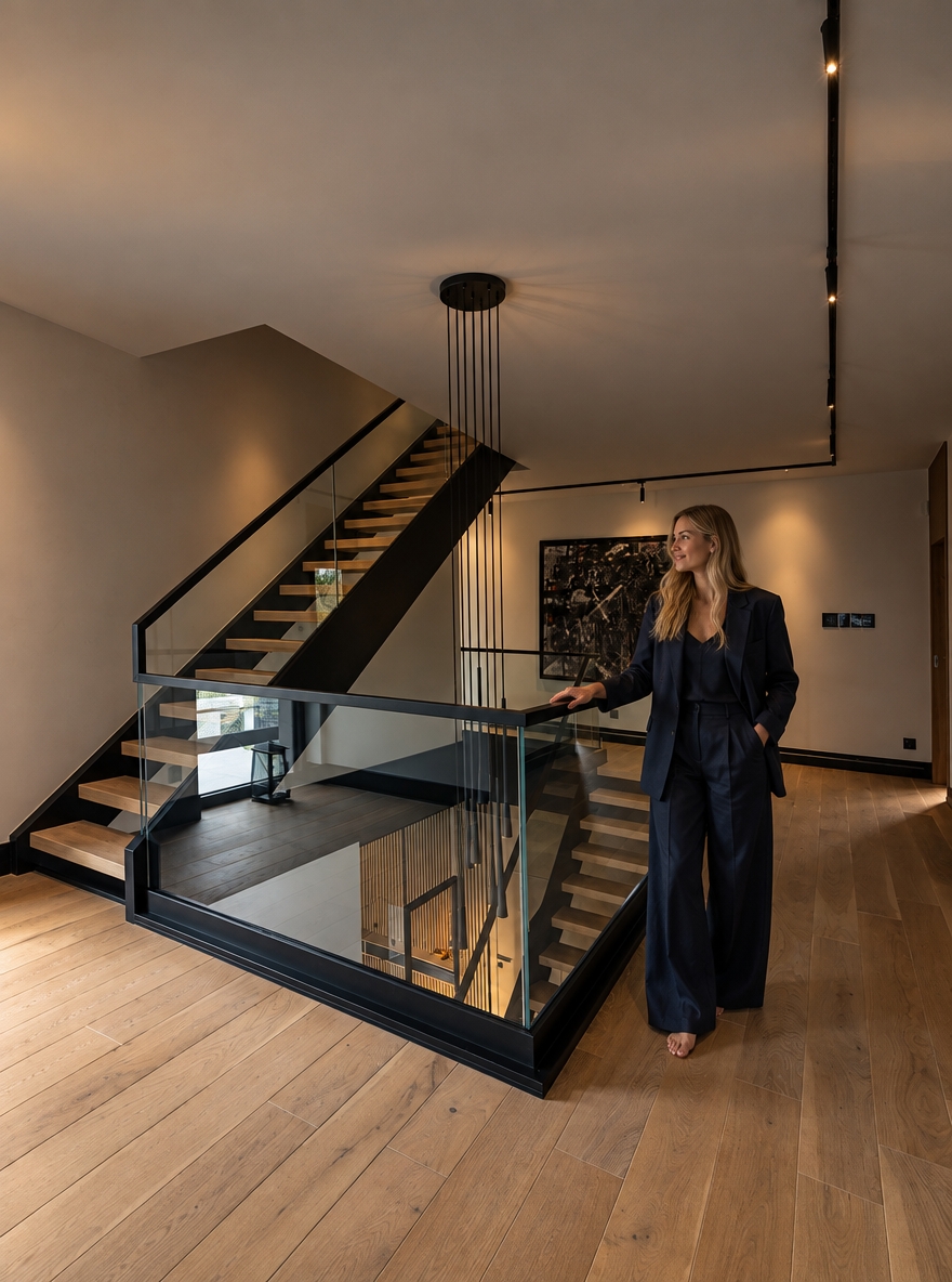 HYPER-REALISTIC ARCHITECTURAL INTERIOR PHOTOGRAPHY — ABSOLUTE REFERENCE PRESERVATION Transform this reference image into an ultra-realistic, high-end architectural lifestyle photograph while preserving absolutely everything visible in the original image. Use the reference image as the exact visual source of truth. The transformation is primarily about photographic realism, material realism, surface texture, lighting, atmosphere, depth, natural imperfections, and realistic human integration. The existing interior design, architecture, finishes, materials, furniture, objects, proportions, perspective and composition must remain unchanged. Do not redesign the interior. Do not reinterpret the interior. Do not replace existing materials. Do not change existing finishes. Do not change the existing colour palette. Do not change the architectural design. Do not change the furniture arrangement. Do not change the composition. The final image must look like the exact same interior photographed professionally with a high-end full-frame camera, with dramatically improved photographic realism and material quality. ================================================== ABSOLUTE PRESERVATION — HIGHEST PRIORITY ================================================== Preserve exactly: - existing architecture - room geometry - proportions - dimensions - walls - ceiling - floor - kitchen island - cabinetry - cabinet layout - tall units - wall panels - backsplash - countertops - appliances - sink - faucet - lighting fixtures - furniture - lounge chair - curtains - decorative objects - accessories - windows - glazing - doors - openings - existing materials - existing colours - existing finishes - object placement - spatial relationships - camera position - camera height - focal-length appearance - perspective - viewing direction - framing - crop - composition - visual hierarchy Do not add architectural elements. Do not remove architectural elements. Do not relocate anything. Do not resize anything. Do not simplify anything. Do not reconstruct anything. Do not modernize anything. Do not make the interior more luxurious by changing its design. Do not make the interior more minimal. Do not change the existing material palette. Do not change the existing colour palette. The original interior design must remain completely intact. ================================================== PRIMARY TRANSFORMATION ================================================== The only intended transformation is: 1. dramatically improve photographic realism 2. improve existing material texture quality 3. improve surface micro-detail 4. improve physically accurate light–material interaction 5. improve realistic reflections 6. improve realistic shadows 7. improve natural depth and tonal transitions 8. improve photographic atmosphere 9. naturally integrate the woman into the existing interior The final image must remain visually identical to the original reference in architecture, design, materials, furniture, objects, spatial relationships, camera and composition. ================================================== OVERALL MOOD ================================================== Create a dark, moody, low-key architectural photography atmosphere. The interior should feel: - warm - quiet - luxurious - sophisticated - intimate - calm - tactile - contemporary - naturally lived-in - architecturally refined Use restrained cinematic underexposure. The image should feel atmospheric and sophisticated rather than dramatically stylized. Maintain deep blacks and controlled shadows while preserving sufficient material information in darker areas. The mood must come from: - realistic exposure - warm artificial light - soft natural daylight - realistic material response - subtle shadow depth - controlled highlights - natural tonal transitions No excessive cinematic stylization. No exaggerated contrast. No crushed shadow detail. No artificial HDR. No excessive bloom. No artificial colour grading. ================================================== LIGHTING — CRITICAL PRIORITY ================================================== Physically accurate architectural photography lighting. Use deliberate cinematic underexposure while maintaining realistic exposure relationships between the interior, woman, furniture, walls, floor, cabinetry, kitchen island, ceiling, and all architectural elements. Warm artificial lighting approximately 2700–3000K remains restrained, soft, directional, and realistic. The warm artificial light should gently graze the existing warm natural wood surfaces and architectural elements, revealing their authentic natural grain, fine pores, subtle surface imperfections, micro-texture, and material depth primarily through controlled highlights and soft shadow transitions. Do NOT turn the existing wood into walnut. Do NOT darken the existing wood. Do NOT make the wood orange. Do NOT make the wood reddish. Do NOT change the existing wood colour. The warm light may create subtle warm tonal influence on the existing wood, but the underlying material and colour must remain faithful to the reference. Natural sunlight remains present and readable. Soft natural daylight enters the space naturally through the existing glazing and interacts with: - the dark floor - kitchen island - existing natural wood cabinetry - original wall surfaces - black architectural elements - countertop - furniture - curtains - decorative objects - the woman Natural daylight should create: - soft realistic highlights - subtle reflections - realistic shadow transitions - believable colour transitions - natural light falloff - physically accurate ambient illumination Maintain realistic exposure relationships between the brighter window area and the darker interior. The window area may remain naturally brighter than the interior, but it should retain believable photographic detail and must not appear artificially blown out. Use realistic: - indirect illumination - global illumination - bounce light - ambient occlusion - contact shadows - cast shadows - reflected light - natural colour bounce - realistic light falloff - physically accurate shadow density The woman must receive exactly the same lighting conditions as the surrounding architecture. Her skin, hair and navy clothing must respond naturally to the same warm artificial light and natural daylight. The woman must NOT appear separately illuminated. No beauty lighting. No studio lighting. No spotlight on the woman. No artificial rim light. No dramatic backlight added specifically for the woman. No artificial glow. No theatrical lighting. No visible light beams. No excessive volumetric light. No excessive bloom. No lens flare. No stylized lighting effects. The final lighting must look as though the entire scene — architecture, furniture, materials and woman — was photographed simultaneously inside the real interior. ================================================== EXISTING WOOD — PRESERVE EXACTLY ================================================== Preserve the existing warm natural wood cabinetry and wall elements exactly as shown in the reference. The existing wood colour must remain unchanged. Do NOT transform it into: - dark walnut - black wood - orange wood - reddish wood - yellow oak - grey wood - artificially stained wood Do not change the apparent species or visual identity of the existing wood. Only improve the realism and texture quality. The existing wood should look like authentic high-end natural architectural veneer photographed in real life. Create extremely realistic: - fine natural grain - subtle longitudinal grain direction - delicate pore structure - microscopic tonal variation - natural growth variation - subtle differences between veneer sheets - realistic veneer transitions - subtle surface irregularities - extremely fine tactile texture - realistic edge definition - natural light absorption - physically accurate reflectivity - subtle dimensional depth The grain should remain relatively calm, elegant and architectural. Avoid exaggerated rustic grain. Avoid dramatic knots. Avoid excessive contrast in the grain. Avoid repetitive patterns. Avoid cloned grain. Avoid procedural texture. Avoid perfectly uniform surfaces. Avoid excessive sharpening. The wood should look more realistic, not different. ================================================== WOOD SURFACE FINISH ================================================== Preserve the existing matte-to-satin appearance. Use subtle, physically accurate reflectivity. The surface should contain: - soft diffuse reflection - extremely subtle highlights - realistic micro-roughness - visible but restrained grain - natural pore structure - slight imperfections - realistic material depth The wood must never appear: - plastic - laminated - artificially glossy - artificially dark - synthetic - flat - CGI-generated ================================================== WALLS — ORIGINAL FINISH PRESERVED ================================================== Preserve the existing wall finish exactly as shown in the reference. Do NOT replace the walls with: - walnut - wood - concrete - stone - marble - decorative plaster - microcement - architectural panels - another material Do NOT change their colour. Do NOT change their geometry. Do NOT add cladding. Do NOT remove wall surfaces. Only improve their texture and photographic realism. The original wall surface should gain subtle: - micro-texture - natural surface irregularities - very fine tonal variation - realistic diffuse response - subtle pores - natural imperfections - believable material depth - realistic interaction with light The texture must remain subtle. It should be visible primarily through realistic light grazing across the surface rather than exaggerated artificial detail. The walls must still look exactly like the original walls. ================================================== CEILING — ORIGINAL FINISH PRESERVED ================================================== Preserve the existing ceiling exactly. Do not change: - colour - geometry - height - surface finish - lighting positions Improve only photographic realism. Create subtle natural tonal variation and realistic light falloff. No artificial texture. No decorative redesign. ================================================== BLACK ELEMENTS ================================================== Preserve all existing black elements exactly. This includes: - black cabinetry - black island - black backsplash - black vertical architectural elements - black curtains - black metal details - black frames - dark floor Do not change their colour. Do not lighten them. Do not replace them. Improve only their physical realism. Black surfaces should retain deep rich blacks while preserving subtle material information. Create realistic: - micro-roughness - soft reflections - subtle tonal variation - natural specular response - fine surface imperfections - realistic light absorption No artificial glossy black. No plastic black. No crushed black detail. No CGI appearance. ================================================== FLOOR — ORIGINAL DARK FINISH PRESERVED ================================================== Keep the existing dark floor exactly as shown in the reference. Do NOT replace it with concrete. Do NOT make it light grey. Do NOT change its colour. Do NOT change its geometry. Do NOT introduce new joints. Only improve its realism. Add extremely subtle: - natural micro-texture - fine surface variation - realistic diffuse reflection - subtle sheen - natural imperfections - physically accurate light reflection - realistic contact shadows The floor must remain dark, elegant and understated. No wet appearance. No mirror-like reflection. No excessive gloss. No plastic appearance. No artificial uniformity. ================================================== COUNTERTOPS ================================================== Preserve the existing countertop exactly. Maintain: - colour - geometry - thickness - edge profile - surface character - spatial position Improve only its physical realism. Create subtle: - mineral variation - micro-texture - realistic roughness - natural tonal variation - physically accurate reflection No material replacement. No colour change. ================================================== BLACK BACKSPLASH ================================================== Preserve the existing black backsplash exactly. Improve only: - surface depth - subtle micro-texture - realistic reflection - micro-roughness - light interaction - tonal variation Keep it dark, sophisticated and understated. No mirror effect. No excessive gloss. ================================================== METAL ELEMENTS ================================================== Preserve all existing metal fixtures and hardware exactly. This includes: - faucet - handles - lighting details - metal frames - other visible metal components Maintain their existing colour and finish. Improve: - realistic metal reflectivity - subtle imperfections - physically correct highlights - realistic edge reflections - natural interaction with surrounding light No exaggerated chrome. No excessive sharp reflections. ================================================== GLASS AND WINDOWS ================================================== Preserve the existing glazing and window frames exactly. Glass should remain physically realistic with: - subtle transparency - realistic reflections - slight atmospheric variation - natural exterior light - physically accurate refraction Do not alter the window dimensions. Do not redesign the glazing. Do not change the exterior architecture visible through the glass. ================================================== CURTAINS AND TEXTILES ================================================== Preserve the existing curtains and textiles exactly. Improve their realism through: - authentic textile structure - subtle individual fibre detail - natural folds - gravity-driven draping - realistic compression - realistic light absorption - natural shadow behaviour No artificial smoothing. No synthetic appearance. ================================================== MATERIAL REALISM ================================================== All materials must exhibit physically accurate behaviour under the existing lighting. Every surface should contain subtle real-world micro-imperfections appropriate to its material. Upholstered fabrics should show: - realistic textile density - subtle individual fibres - soft light absorption - natural creasing - subtle compression - realistic shadow behaviour Stone and mineral surfaces should feel: - heavy - tactile - dense - physically real - subtly porous - naturally varied Glass should remain: - physically transparent - subtly reflective - naturally refractive Metal should remain: - subdued - physically reflective - controlled in its highlights Wood should remain: - natural - warm - tactile - subtly textured - physically dimensional No material should appear excessively glossy or artificially perfect. ================================================== WOMAN — SAME WOMAN AS PREVIOUSLY CREATED ================================================== Add the SAME blonde woman from the previously created reference. She must visually correspond to the exact same woman previously generated. Do NOT generate a different woman. Do NOT create a generic blonde model. Preserve the same: - blonde hair character - hairstyle - facial proportions - facial character - natural expression - body type - body proportions - feminine silhouette - age appearance - overall appearance - relaxed personality - photographic quality She should look like the exact same real woman photographed during the same professional architectural photoshoot. ================================================== WOMAN — NATURAL APPEARANCE ================================================== Naturally beautiful adult blonde woman. Long, loose, softly wavy blonde hair. Warm natural blonde colour with subtle darker blonde roots and realistic tonal variation. Individual hair strands must be visible. Hair should contain: - natural flyaway strands - realistic density - believable volume - subtle irregularities - natural highlights - realistic interaction with ambient light Facial features should be refined but completely natural. Preserve subtle natural facial asymmetry. Skin should contain: - realistic pores - tiny imperfections - subtle tonal variation - believable translucency - physically accurate subsurface scattering - natural highlights - realistic shadow transitions No plastic skin. No airbrushed skin. No artificial beauty filter. No excessive smoothing. No mannequin appearance. No generic AI face. No excessive beauty retouching. ================================================== OUTFIT — SAME DESIGN, DEEP NAVY BLUE ================================================== The woman wears the SAME relaxed two-piece outfit from the original prompt, but the colour is changed to sophisticated deep navy blue. The outfit consists of: - relaxed oversized beige-style tailored blazer silhouette - matching very wide-leg full-length trousers - flowing wide trouser silhouette - relaxed contemporary tailoring - understated luxury aesthetic - premium linen-look textile - matte tactile surface The design, cut, proportions and silhouette must remain the same. Only the colour changes. The outfit colour must be: - deep navy blue - rich dark navy - sophisticated - slightly desaturated - elegant - architectural The navy must remain visibly navy rather than becoming black. Avoid: - bright blue - royal blue - electric blue - cyan - turquoise - purple-blue - overly saturated blue The navy fabric should respond naturally to the warm interior lighting. Warm light may create extremely subtle warm tonal influence on the fabric while the garment remains clearly deep navy. ================================================== CLOTHING REALISM ================================================== The navy outfit must look like genuine premium linen or very high-quality linen-look fabric. Include: - authentic fibre structure - subtle weave visibility - natural weave irregularities - realistic textile density - natural wrinkles - soft creasing - realistic compression - gravity-driven folds - slight irregularity - natural tension around elbows - realistic folds around waist - realistic folds around hips - natural draping around legs - matte light absorption - subtle highlights only where fabric catches light The trousers must remain VERY WIDE, flowing and full-length. The trouser legs should naturally fall toward the floor with realistic weight and gravity. The blazer should remain relaxed and slightly oversized. No synthetic appearance. No plastic texture. No glossy fabric. No excessive stiffness. No fashion illustration. No different outfit. No dress. No skirt. No jeans. No narrow trousers. No leggings. No bright colours. No logos. No unnecessary accessories. ================================================== BAREFOOT ================================================== The woman is barefoot. Her feet must be: - anatomically correct - naturally positioned - correctly proportioned - physically grounded - realistic in scale Use subtle physically accurate contact shadows. No floating feet. No distorted toes. No anatomical errors. ================================================== POSE ================================================== The woman stands naturally and calmly within the existing interior. Her posture is: - relaxed - subtle - elegant - believable - spontaneous Avoid a fashion-model pose. Avoid exaggerated body language. Avoid dramatic gestures. Use natural weight distribution. Relaxed shoulders. Subtle asymmetry. Natural arms and hands. Natural posture. She should look as though she is naturally inhabiting the kitchen during an architectural photoshoot. She should NOT appear to be intentionally posing for the camera. ================================================== HUMAN SCALE ================================================== Maintain physically correct human scale relative to: - kitchen island - cabinetry - countertop - doors - walls - floor - furniture - architectural openings - ceiling height - surrounding objects The woman must be correctly integrated into the spatial perspective. No oversized body. No undersized body. No distorted proportions. ================================================== HYPER-REALISTIC HUMAN DETAIL ================================================== The woman must look completely real. Skin: - realistic pores - subtle fine lines - natural imperfections - realistic tonal variation - believable translucency - soft subsurface scattering - natural highlights - realistic shadow transitions Hair: - individual strands - natural flyaway hairs - realistic density - physically believable volume - subtle tonal variation - natural highlights - realistic interaction with ambient light Hands: - anatomically correct hands - realistic fingers - correct finger proportions - natural joints - subtle skin folds - realistic nails Feet: - anatomically correct - realistic toes - realistic skin texture - natural weight distribution - accurate contact with floor ================================================== INTEGRATION WITH ARCHITECTURE ================================================== The woman must be physically integrated into the existing interior. She must receive exactly the same lighting conditions as the surrounding architecture. Her skin, hair and clothing must respond naturally to the same warm artificial light and natural daylight. Use physically accurate: - indirect illumination - reflected light - colour bounce - ambient occlusion - contact shadows - cast shadows - light falloff - exposure - depth - atmospheric interaction The existing warm natural wood should subtly influence the light falling onto her clothing and skin where physically appropriate. The dark floor should create subtle, physically accurate reflected ambient light. Her navy clothing should absorb and reflect light naturally according to its textile properties. Her presence must feel as if she was physically standing in the interior during the original architectural photoshoot. No cutout appearance. No pasted-on appearance. No halo. No edge artefacts. No mismatched sharpness. No mismatched colour temperature. No mismatched exposure. No artificial compositing. No artificial spotlight. ================================================== CAMERA AND COMPOSITION ================================================== The camera remains COMPLETELY LOCKED. Preserve exactly: - camera position - camera height - focal length - perspective - viewing direction - framing - crop - composition - architectural proportions - spatial relationships Do not move the camera. Do not zoom. Do not crop. Do not change the lens. Do not create another angle. Do not introduce another shot. Do not alter the perspective. The woman must be inserted into the existing composition without changing the framing. ================================================== DEPTH OF FIELD ================================================== Use natural full-frame architectural photography depth of field. Maintain realistic focus relationships between architecture and woman. No artificial excessive background blur. No cinematic fake bokeh. No exaggerated shallow depth of field. The image must retain sufficient architectural detail throughout the scene. ================================================== PHOTOGRAPHIC MICRO-DETAIL ================================================== Extremely realistic micro-contrast and organic sharpness. Natural full-frame camera rendering. Subtle optical characteristics of a professional architectural lens. Natural tonal roll-off. Realistic highlight behaviour. Realistic shadow transitions. Subtle film grain. No oversharpening. No excessive clarity. No HDR appearance. No artificial micro-contrast. No digital noise. ================================================== PHOTOGRAPHIC REALISM ================================================== The final image must look like a genuine high-end architectural photograph captured with a professional full-frame camera. It must NOT look like: - CGI - 3D render - computer-generated visualization - digital illustration - AI-generated interior - stylized image Use: - organic photographic sharpness - realistic micro-contrast - natural tonal roll-off - realistic highlights - realistic shadows - physically accurate reflections - natural material response - subtle optical characteristics - subtle film grain - authentic colour response No artificial perfection. ================================================== FINAL IMAGE QUALITY ================================================== Extreme detail. Hyper-realistic material definition. Organic photographic sharpness. Physically accurate light–material interaction. Natural human realism. Realistic architectural scale. Realistic reflections. Realistic shadows. Realistic textures. Realistic colour grading. Deep blacks. Controlled highlights. Natural tonal roll-off. Subtle film grain. Sophisticated editorial photography aesthetic. The final image must be completely indistinguishable from a real high-end architectural photograph captured on a professional full-frame camera. The architecture must remain exactly as in the reference. The materials must remain exactly as in the reference. The colours of the interior must remain exactly as in the reference. The camera must remain exactly as in the reference. The composition must remain exactly as in the reference. The woman must look like the SAME blonde woman previously created. She must wear the SAME two-piece outfit design, but in deep navy blue. She must appear completely real, natural, anatomically correct, physically grounded, and perfectly integrated into the architectural photograph. ================================================== FINAL NEGATIVE CONSTRAINTS ================================================== NO CHANGE TO ARCHITECTURE. NO CHANGE TO WALL FINISH. NO CHANGE TO FLOOR FINISH. NO CHANGE TO WOOD COLOUR. NO DARK WALNUT. NO LIGHT CONCRETE. NO MATERIAL REPLACEMENT. NO CHANGE TO CABINETRY. NO CHANGE TO FURNITURE. NO CHANGE TO OBJECT PLACEMENT. NO CHANGE TO LIGHTING DESIGN. NO CHANGE TO CAMERA. NO CHANGE TO PERSPECTIVE. NO CHANGE TO COMPOSITION. NO REDESIGN. NO REARRANGEMENT. NO NEW ARCHITECTURAL ELEMENTS. NO CGI LOOK. NO 3D RENDER LOOK. NO AI-GENERATED LOOK. NO DIGITAL ILLUSTRATION. NO STYLIZATION. NO ARTIFICIAL PERFECTION. NO PLASTIC MATERIALS. NO PLASTIC SKIN. NO FAKE WOOD GRAIN. NO PROCEDURAL TEXTURES. NO CLONED TEXTURES. NO EXCESSIVE WOOD GRAIN. NO EXCESSIVE GLOSS. NO ARTIFICIAL MIRROR REFLECTIONS. NO ARTIFICIAL HDR. NO EXCESSIVE SHARPNESS. NO ARTIFICIAL BOKEH. NO THEATRICAL LIGHTING. NO LIGHT BEAMS. NO LENS FLARE. NO EXCESSIVE BLOOM. NO ARTIFICIAL SPOTLIGHT ON WOMAN. NO BEAUTY LIGHTING. NO FASHION-MODEL POSE. NO CHILDREN. NO ADDITIONAL PEOPLE. NO DIFFERENT WOMAN. NO GENERIC AI FACE. NO BEAUTY FILTER. NO MANNEQUIN APPEARANCE. NO DISTORTED HANDS. NO DISTORTED FEET. NO ANATOMICAL ERRORS. NO FLOATING BODY. NO CUTOUT EFFECT. NO HALO. NO EDGE ARTEFACTS. NO COMPOSITING ARTEFACTS. NO MISMATCHED LIGHTING. NO MISMATCHED EXPOSURE. NO MISMATCHED COLOUR TEMPERATURE. NO MISMATCHED SHARPNESS. ================================================== FINAL DIRECTIVE ================================================== Preserve the exact original kitchen. Preserve the exact original architecture. Preserve the exact original materials. Preserve the exact original wall finish. Preserve the exact original warm natural wood. Preserve the exact original dark floor. Preserve the exact original black elements. Preserve the exact original furniture and objects. Preserve the exact original camera and composition. Improve ONLY photographic realism, material texture, micro-detail, lighting realism, surface depth, reflections, shadows and natural human integration. Maintain the dark, moody, warm, sophisticated luxury atmosphere of the original prompt. Use realistic 2700–3000K warm artificial lighting combined with soft natural daylight. Keep the interior deliberately slightly underexposed while preserving realistic material information. The woman must be the same blonde woman as previously created. She must wear the same wide-leg two-piece outfit design in sophisticated deep navy blue. She must look physically present inside the space, naturally illuminated by the exact same lighting as the architecture. The final result must look like a real professional architectural photograph, not a redesigned interior and not a CGI visualization.