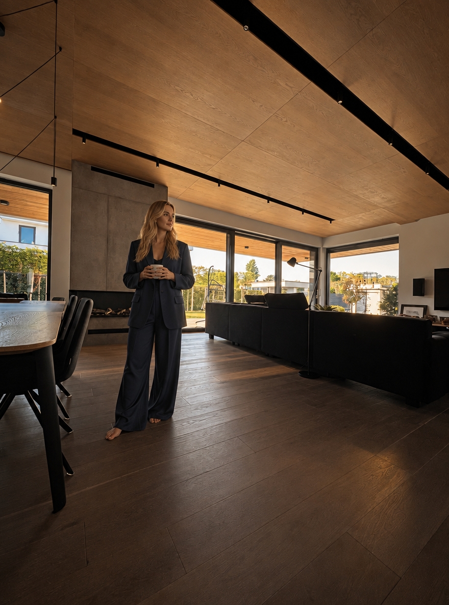 HYPER-REALISTIC ARCHITECTURAL INTERIOR PHOTOGRAPHY — ABSOLUTE REFERENCE PRESERVATION Transform this reference image into an ultra-realistic, high-end architectural lifestyle photograph while preserving absolutely everything visible in the original image. Use the reference image as the exact visual source of truth. The transformation is primarily about photographic realism, material realism, surface texture, lighting, atmosphere, depth, natural imperfections, and realistic human integration. The existing interior design, architecture, finishes, materials, furniture, objects, proportions, perspective and composition must remain unchanged. Do not redesign the interior. Do not reinterpret the interior. Do not replace existing materials. Do not change existing finishes. Do not change the existing colour palette. Do not change the architectural design. Do not change the furniture arrangement. Do not change the composition. The final image must look like the exact same interior photographed professionally with a high-end full-frame camera, with dramatically improved photographic realism and material quality. ================================================== ABSOLUTE PRESERVATION — HIGHEST PRIORITY ================================================== Preserve exactly: - existing architecture - room geometry - proportions - dimensions - walls - ceiling - floor - kitchen island - cabinetry - cabinet layout - tall units - wall panels - backsplash - countertops - appliances - sink - faucet - lighting fixtures - furniture - lounge chair - curtains - decorative objects - accessories - windows - glazing - doors - openings - existing materials - existing colours - existing finishes - object placement - spatial relationships - camera position - camera height - focal-length appearance - perspective - viewing direction - framing - crop - composition - visual hierarchy Do not add architectural elements. Do not remove architectural elements. Do not relocate anything. Do not resize anything. Do not simplify anything. Do not reconstruct anything. Do not modernize anything. Do not make the interior more luxurious by changing its design. Do not make the interior more minimal. Do not change the existing material palette. Do not change the existing colour palette. The original interior design must remain completely intact. ================================================== PRIMARY TRANSFORMATION ================================================== The only intended transformation is: 1. dramatically improve photographic realism 2. improve existing material texture quality 3. improve surface micro-detail 4. improve physically accurate light–material interaction 5. improve realistic reflections 6. improve realistic shadows 7. improve natural depth and tonal transitions 8. improve photographic atmosphere 9. naturally integrate the woman into the existing interior The final image must remain visually identical to the original reference in architecture, design, materials, furniture, objects, spatial relationships, camera and composition. ================================================== OVERALL MOOD ================================================== Create a dark, moody, low-key architectural photography atmosphere. The interior should feel: - warm - quiet - luxurious - sophisticated - intimate - calm - tactile - contemporary - naturally lived-in - architecturally refined Use restrained cinematic underexposure. The image should feel atmospheric and sophisticated rather than dramatically stylized. Maintain deep blacks and controlled shadows while preserving sufficient material information in darker areas. The mood must come from: - realistic exposure - warm artificial light - soft natural daylight - realistic material response - subtle shadow depth - controlled highlights - natural tonal transitions No excessive cinematic stylization. No exaggerated contrast. No crushed shadow detail. No artificial HDR. No excessive bloom. No artificial colour grading. ================================================== LIGHTING — CRITICAL PRIORITY ================================================== Physically accurate architectural photography lighting. Use deliberate cinematic underexposure while maintaining realistic exposure relationships between the interior, woman, furniture, walls, floor, cabinetry, kitchen island, ceiling, and all architectural elements. Warm artificial lighting approximately 2700–3000K remains restrained, soft, directional, and realistic. The warm artificial light should gently graze the existing warm natural wood surfaces and architectural elements, revealing their authentic natural grain, fine pores, subtle surface imperfections, micro-texture, and material depth primarily through controlled highlights and soft shadow transitions. Do NOT turn the existing wood into walnut. Do NOT darken the existing wood. Do NOT make the wood orange. Do NOT make the wood reddish. Do NOT change the existing wood colour. The warm light may create subtle warm tonal influence on the existing wood, but the underlying material and colour must remain faithful to the reference. Natural sunlight remains present and readable. Soft natural daylight enters the space naturally through the existing glazing and interacts with: - the dark floor - kitchen island - existing natural wood cabinetry - original wall surfaces - black architectural elements - countertop - furniture - curtains - decorative objects - the woman Natural daylight should create: - soft realistic highlights - subtle reflections - realistic shadow transitions - believable colour transitions - natural light falloff - physically accurate ambient illumination Maintain realistic exposure relationships between the brighter window area and the darker interior. The window area may remain naturally brighter than the interior, but it should retain believable photographic detail and must not appear artificially blown out. Use realistic: - indirect illumination - global illumination - bounce light - ambient occlusion - contact shadows - cast shadows - reflected light - natural colour bounce - realistic light falloff - physically accurate shadow density The woman must receive exactly the same lighting conditions as the surrounding architecture. Her skin, hair and navy clothing must respond naturally to the same warm artificial light and natural daylight. The woman must NOT appear separately illuminated. No beauty lighting. No studio lighting. No spotlight on the woman. No artificial rim light. No dramatic backlight added specifically for the woman. No artificial glow. No theatrical lighting. No visible light beams. No excessive volumetric light. No excessive bloom. No lens flare. No stylized lighting effects. The final lighting must look as though the entire scene — architecture, furniture, materials and woman — was photographed simultaneously inside the real interior. ================================================== EXISTING WOOD — PRESERVE EXACTLY ================================================== Preserve the existing warm natural wood cabinetry and wall elements exactly as shown in the reference. The existing wood colour must remain unchanged. Do NOT transform it into: - dark walnut - black wood - orange wood - reddish wood - yellow oak - grey wood - artificially stained wood Do not change the apparent species or visual identity of the existing wood. Only improve the realism and texture quality. The existing wood should look like authentic high-end natural architectural veneer photographed in real life. Create extremely realistic: - fine natural grain - subtle longitudinal grain direction - delicate pore structure - microscopic tonal variation - natural growth variation - subtle differences between veneer sheets - realistic veneer transitions - subtle surface irregularities - extremely fine tactile texture - realistic edge definition - natural light absorption - physically accurate reflectivity - subtle dimensional depth The grain should remain relatively calm, elegant and architectural. Avoid exaggerated rustic grain. Avoid dramatic knots. Avoid excessive contrast in the grain. Avoid repetitive patterns. Avoid cloned grain. Avoid procedural texture. Avoid perfectly uniform surfaces. Avoid excessive sharpening. The wood should look more realistic, not different. ================================================== WOOD SURFACE FINISH ================================================== Preserve the existing matte-to-satin appearance. Use subtle, physically accurate reflectivity. The surface should contain: - soft diffuse reflection - extremely subtle highlights - realistic micro-roughness - visible but restrained grain - natural pore structure - slight imperfections - realistic material depth The wood must never appear: - plastic - laminated - artificially glossy - artificially dark - synthetic - flat - CGI-generated ================================================== WALLS — ORIGINAL FINISH PRESERVED ================================================== Preserve the existing wall finish exactly as shown in the reference. Do NOT replace the walls with: - walnut - wood - concrete - stone - marble - decorative plaster - microcement - architectural panels - another material Do NOT change their colour. Do NOT change their geometry. Do NOT add cladding. Do NOT remove wall surfaces. Only improve their texture and photographic realism. The original wall surface should gain subtle: - micro-texture - natural surface irregularities - very fine tonal variation - realistic diffuse response - subtle pores - natural imperfections - believable material depth - realistic interaction with light The texture must remain subtle. It should be visible primarily through realistic light grazing across the surface rather than exaggerated artificial detail. The walls must still look exactly like the original walls. ================================================== CEILING — ORIGINAL FINISH PRESERVED ================================================== Preserve the existing ceiling exactly. Do not change: - colour - geometry - height - surface finish - lighting positions Improve only photographic realism. Create subtle natural tonal variation and realistic light falloff. No artificial texture. No decorative redesign. ================================================== BLACK ELEMENTS ================================================== Preserve all existing black elements exactly. This includes: - black cabinetry - black island - black backsplash - black vertical architectural elements - black curtains - black metal details - black frames - dark floor Do not change their colour. Do not lighten them. Do not replace them. Improve only their physical realism. Black surfaces should retain deep rich blacks while preserving subtle material information. Create realistic: - micro-roughness - soft reflections - subtle tonal variation - natural specular response - fine surface imperfections - realistic light absorption No artificial glossy black. No plastic black. No crushed black detail. No CGI appearance. ================================================== FLOOR — ORIGINAL DARK FINISH PRESERVED ================================================== Keep the existing dark floor exactly as shown in the reference. Do NOT replace it with concrete. Do NOT make it light grey. Do NOT change its colour. Do NOT change its geometry. Do NOT introduce new joints. Only improve its realism. Add extremely subtle: - natural micro-texture - fine surface variation - realistic diffuse reflection - subtle sheen - natural imperfections - physically accurate light reflection - realistic contact shadows The floor must remain dark, elegant and understated. No wet appearance. No mirror-like reflection. No excessive gloss. No plastic appearance. No artificial uniformity. ================================================== COUNTERTOPS ================================================== Preserve the existing countertop exactly. Maintain: - colour - geometry - thickness - edge profile - surface character - spatial position Improve only its physical realism. Create subtle: - mineral variation - micro-texture - realistic roughness - natural tonal variation - physically accurate reflection No material replacement. No colour change. ================================================== BLACK BACKSPLASH ================================================== Preserve the existing black backsplash exactly. Improve only: - surface depth - subtle micro-texture - realistic reflection - micro-roughness - light interaction - tonal variation Keep it dark, sophisticated and understated. No mirror effect. No excessive gloss. ================================================== METAL ELEMENTS ================================================== Preserve all existing metal fixtures and hardware exactly. This includes: - faucet - handles - lighting details - metal frames - other visible metal components Maintain their existing colour and finish. Improve: - realistic metal reflectivity - subtle imperfections - physically correct highlights - realistic edge reflections - natural interaction with surrounding light No exaggerated chrome. No excessive sharp reflections. ================================================== GLASS AND WINDOWS ================================================== Preserve the existing glazing and window frames exactly. Glass should remain physically realistic with: - subtle transparency - realistic reflections - slight atmospheric variation - natural exterior light - physically accurate refraction Do not alter the window dimensions. Do not redesign the glazing. Do not change the exterior architecture visible through the glass. ================================================== CURTAINS AND TEXTILES ================================================== Preserve the existing curtains and textiles exactly. Improve their realism through: - authentic textile structure - subtle individual fibre detail - natural folds - gravity-driven draping - realistic compression - realistic light absorption - natural shadow behaviour No artificial smoothing. No synthetic appearance. ================================================== MATERIAL REALISM ================================================== All materials must exhibit physically accurate behaviour under the existing lighting. Every surface should contain subtle real-world micro-imperfections appropriate to its material. Upholstered fabrics should show: - realistic textile density - subtle individual fibres - soft light absorption - natural creasing - subtle compression - realistic shadow behaviour Stone and mineral surfaces should feel: - heavy - tactile - dense - physically real - subtly porous - naturally varied Glass should remain: - physically transparent - subtly reflective - naturally refractive Metal should remain: - subdued - physically reflective - controlled in its highlights Wood should remain: - natural - warm - tactile - subtly textured - physically dimensional No material should appear excessively glossy or artificially perfect. ================================================== WOMAN — SAME WOMAN AS PREVIOUSLY CREATED ================================================== Add the SAME blonde woman from the previously created reference. She must visually correspond to the exact same woman previously generated. Do NOT generate a different woman. Do NOT create a generic blonde model. Preserve the same: - blonde hair character - hairstyle - facial proportions - facial character - natural expression - body type - body proportions - feminine silhouette - age appearance - overall appearance - relaxed personality - photographic quality She should look like the exact same real woman photographed during the same professional architectural photoshoot. ================================================== WOMAN — NATURAL APPEARANCE ================================================== Naturally beautiful adult blonde woman. Long, loose, softly wavy blonde hair. Warm natural blonde colour with subtle darker blonde roots and realistic tonal variation. Individual hair strands must be visible. Hair should contain: - natural flyaway strands - realistic density - believable volume - subtle irregularities - natural highlights - realistic interaction with ambient light Facial features should be refined but completely natural. Preserve subtle natural facial asymmetry. Skin should contain: - realistic pores - tiny imperfections - subtle tonal variation - believable translucency - physically accurate subsurface scattering - natural highlights - realistic shadow transitions No plastic skin. No airbrushed skin. No artificial beauty filter. No excessive smoothing. No mannequin appearance. No generic AI face. No excessive beauty retouching. ================================================== OUTFIT — SAME DESIGN, DEEP NAVY BLUE ================================================== The woman wears the SAME relaxed two-piece outfit from the original prompt, but the colour is changed to sophisticated deep navy blue. The outfit consists of: - relaxed oversized beige-style tailored blazer silhouette - matching very wide-leg full-length trousers - flowing wide trouser silhouette - relaxed contemporary tailoring - understated luxury aesthetic - premium linen-look textile - matte tactile surface The design, cut, proportions and silhouette must remain the same. Only the colour changes. The outfit colour must be: - deep navy blue - rich dark navy - sophisticated - slightly desaturated - elegant - architectural The navy must remain visibly navy rather than becoming black. Avoid: - bright blue - royal blue - electric blue - cyan - turquoise - purple-blue - overly saturated blue The navy fabric should respond naturally to the warm interior lighting. Warm light may create extremely subtle warm tonal influence on the fabric while the garment remains clearly deep navy. ================================================== CLOTHING REALISM ================================================== The navy outfit must look like genuine premium linen or very high-quality linen-look fabric. Include: - authentic fibre structure - subtle weave visibility - natural weave irregularities - realistic textile density - natural wrinkles - soft creasing - realistic compression - gravity-driven folds - slight irregularity - natural tension around elbows - realistic folds around waist - realistic folds around hips - natural draping around legs - matte light absorption - subtle highlights only where fabric catches light The trousers must remain VERY WIDE, flowing and full-length. The trouser legs should naturally fall toward the floor with realistic weight and gravity. The blazer should remain relaxed and slightly oversized. No synthetic appearance. No plastic texture. No glossy fabric. No excessive stiffness. No fashion illustration. No different outfit. No dress. No skirt. No jeans. No narrow trousers. No leggings. No bright colours. No logos. No unnecessary accessories. ================================================== BAREFOOT ================================================== The woman is barefoot. Her feet must be: - anatomically correct - naturally positioned - correctly proportioned - physically grounded - realistic in scale Use subtle physically accurate contact shadows. No floating feet. No distorted toes. No anatomical errors. ================================================== POSE ================================================== The woman stands naturally and calmly within the existing interior. Her posture is: - relaxed - subtle - elegant - believable - spontaneous Avoid a fashion-model pose. Avoid exaggerated body language. Avoid dramatic gestures. Use natural weight distribution. Relaxed shoulders. Subtle asymmetry. Natural arms and hands. Natural posture. She should look as though she is naturally inhabiting the kitchen during an architectural photoshoot. She should NOT appear to be intentionally posing for the camera. ================================================== HUMAN SCALE ================================================== Maintain physically correct human scale relative to: - kitchen island - cabinetry - countertop - doors - walls - floor - furniture - architectural openings - ceiling height - surrounding objects The woman must be correctly integrated into the spatial perspective. No oversized body. No undersized body. No distorted proportions. ================================================== HYPER-REALISTIC HUMAN DETAIL ================================================== The woman must look completely real. Skin: - realistic pores - subtle fine lines - natural imperfections - realistic tonal variation - believable translucency - soft subsurface scattering - natural highlights - realistic shadow transitions Hair: - individual strands - natural flyaway hairs - realistic density - physically believable volume - subtle tonal variation - natural highlights - realistic interaction with ambient light Hands: - anatomically correct hands - realistic fingers - correct finger proportions - natural joints - subtle skin folds - realistic nails Feet: - anatomically correct - realistic toes - realistic skin texture - natural weight distribution - accurate contact with floor ================================================== INTEGRATION WITH ARCHITECTURE ================================================== The woman must be physically integrated into the existing interior. She must receive exactly the same lighting conditions as the surrounding architecture. Her skin, hair and clothing must respond naturally to the same warm artificial light and natural daylight. Use physically accurate: - indirect illumination - reflected light - colour bounce - ambient occlusion - contact shadows - cast shadows - light falloff - exposure - depth - atmospheric interaction The existing warm natural wood should subtly influence the light falling onto her clothing and skin where physically appropriate. The dark floor should create subtle, physically accurate reflected ambient light. Her navy clothing should absorb and reflect light naturally according to its textile properties. Her presence must feel as if she was physically standing in the interior during the original architectural photoshoot. No cutout appearance. No pasted-on appearance. No halo. No edge artefacts. No mismatched sharpness. No mismatched colour temperature. No mismatched exposure. No artificial compositing. No artificial spotlight. ================================================== CAMERA AND COMPOSITION ================================================== The camera remains COMPLETELY LOCKED. Preserve exactly: - camera position - camera height - focal length - perspective - viewing direction - framing - crop - composition - architectural proportions - spatial relationships Do not move the camera. Do not zoom. Do not crop. Do not change the lens. Do not create another angle. Do not introduce another shot. Do not alter the perspective. The woman must be inserted into the existing composition without changing the framing. ================================================== DEPTH OF FIELD ================================================== Use natural full-frame architectural photography depth of field. Maintain realistic focus relationships between architecture and woman. No artificial excessive background blur. No cinematic fake bokeh. No exaggerated shallow depth of field. The image must retain sufficient architectural detail throughout the scene. ================================================== PHOTOGRAPHIC MICRO-DETAIL ================================================== Extremely realistic micro-contrast and organic sharpness. Natural full-frame camera rendering. Subtle optical characteristics of a professional architectural lens. Natural tonal roll-off. Realistic highlight behaviour. Realistic shadow transitions. Subtle film grain. No oversharpening. No excessive clarity. No HDR appearance. No artificial micro-contrast. No digital noise. ================================================== PHOTOGRAPHIC REALISM ================================================== The final image must look like a genuine high-end architectural photograph captured with a professional full-frame camera. It must NOT look like: - CGI - 3D render - computer-generated visualization - digital illustration - AI-generated interior - stylized image Use: - organic photographic sharpness - realistic micro-contrast - natural tonal roll-off - realistic highlights - realistic shadows - physically accurate reflections - natural material response - subtle optical characteristics - subtle film grain - authentic colour response No artificial perfection. ================================================== FINAL IMAGE QUALITY ================================================== Extreme detail. Hyper-realistic material definition. Organic photographic sharpness. Physically accurate light–material interaction. Natural human realism. Realistic architectural scale. Realistic reflections. Realistic shadows. Realistic textures. Realistic colour grading. Deep blacks. Controlled highlights. Natural tonal roll-off. Subtle film grain. Sophisticated editorial photography aesthetic. The final image must be completely indistinguishable from a real high-end architectural photograph captured on a professional full-frame camera. The architecture must remain exactly as in the reference. The materials must remain exactly as in the reference. The colours of the interior must remain exactly as in the reference. The camera must remain exactly as in the reference. The composition must remain exactly as in the reference. The woman must look like the SAME blonde woman previously created. She must wear the SAME two-piece outfit design, but in deep navy blue. She must appear completely real, natural, anatomically correct, physically grounded, and perfectly integrated into the architectural photograph. ================================================== FINAL NEGATIVE CONSTRAINTS ================================================== NO CHANGE TO ARCHITECTURE. NO CHANGE TO WALL FINISH. NO CHANGE TO FLOOR FINISH. NO CHANGE TO WOOD COLOUR. NO DARK WALNUT. NO LIGHT CONCRETE. NO MATERIAL REPLACEMENT. NO CHANGE TO CABINETRY. NO CHANGE TO FURNITURE. NO CHANGE TO OBJECT PLACEMENT. NO CHANGE TO LIGHTING DESIGN. NO CHANGE TO CAMERA. NO CHANGE TO PERSPECTIVE. NO CHANGE TO COMPOSITION. NO REDESIGN. NO REARRANGEMENT. NO NEW ARCHITECTURAL ELEMENTS. NO CGI LOOK. NO 3D RENDER LOOK. NO AI-GENERATED LOOK. NO DIGITAL ILLUSTRATION. NO STYLIZATION. NO ARTIFICIAL PERFECTION. NO PLASTIC MATERIALS. NO PLASTIC SKIN. NO FAKE WOOD GRAIN. NO PROCEDURAL TEXTURES. NO CLONED TEXTURES. NO EXCESSIVE WOOD GRAIN. NO EXCESSIVE GLOSS. NO ARTIFICIAL MIRROR REFLECTIONS. NO ARTIFICIAL HDR. NO EXCESSIVE SHARPNESS. NO ARTIFICIAL BOKEH. NO THEATRICAL LIGHTING. NO LIGHT BEAMS. NO LENS FLARE. NO EXCESSIVE BLOOM. NO ARTIFICIAL SPOTLIGHT ON WOMAN. NO BEAUTY LIGHTING. NO FASHION-MODEL POSE. NO CHILDREN. NO ADDITIONAL PEOPLE. NO DIFFERENT WOMAN. NO GENERIC AI FACE. NO BEAUTY FILTER. NO MANNEQUIN APPEARANCE. NO DISTORTED HANDS. NO DISTORTED FEET. NO ANATOMICAL ERRORS. NO FLOATING BODY. NO CUTOUT EFFECT. NO HALO. NO EDGE ARTEFACTS. NO COMPOSITING ARTEFACTS. NO MISMATCHED LIGHTING. NO MISMATCHED EXPOSURE. NO MISMATCHED COLOUR TEMPERATURE. NO MISMATCHED SHARPNESS. ================================================== FINAL DIRECTIVE ================================================== Preserve the exact original kitchen. Preserve the exact original architecture. Preserve the exact original materials. Preserve the exact original wall finish. Preserve the exact original warm natural wood. Preserve the exact original dark floor. Preserve the exact original black elements. Preserve the exact original furniture and objects. Preserve the exact original camera and composition. Improve ONLY photographic realism, material texture, micro-detail, lighting realism, surface depth, reflections, shadows and natural human integration. Maintain the dark, moody, warm, sophisticated luxury atmosphere of the original prompt. Use realistic 2700–3000K warm artificial lighting combined with soft natural daylight. Keep the interior deliberately slightly underexposed while preserving realistic material information. The woman must be the same blonde woman as previously created. She must wear the same wide-leg two-piece outfit design in sophisticated deep navy blue. She must look physically present inside the space, naturally illuminated by the exact same lighting as the architecture. The final result must look like a real professional architectural photograph, not a redesigned interior and not a CGI visualization.