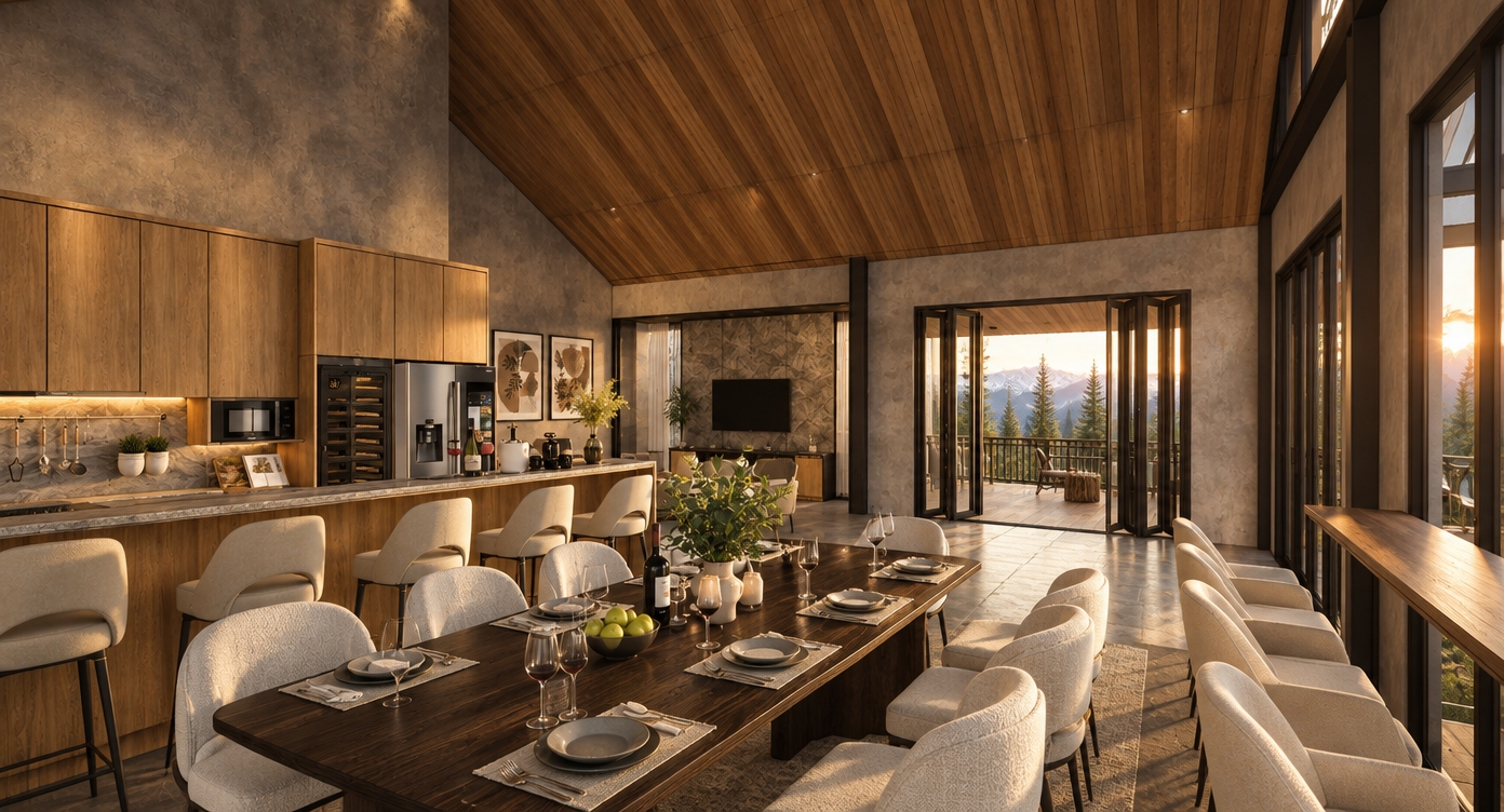 An incredibly lifelike, richly detailed, photorealistic interior shot of an expansive mountain retreat dining and kitchen area set in a secluded alpine environment. The scene is illuminated by the soft, golden glow of late afternoon sun filtering through floor-to-ceiling accordion glass doors, creating a warm, inviting, and tranquil atmosphere. Captured with a professional 24mm wide-angle lens, emphasizing the rich wood grain of the vaulted ceiling, the tactile, rugged texture of the concrete feature walls, and the smooth, dark-stained timber of the substantial dining table. 

The space perfectly balances rustic cabin charm with modern luxury, featuring elegant, cream-upholstered dining chairs and sleek cabinetry finished in honey-toned oak. Mountain-inspired decor, such as a curated photography book and framed botanical wall art, rests atop the kitchen island, while lush, deep green indoor plants bring a touch of the surrounding wilderness inside. The composition draws the eye from the intimate, well-appointed foreground of the dining area toward the seamless transition of the outdoor deck, where the blurred silhouettes of pines suggest a majestic mountain range beyond, grounding the entire residence in its breathtaking natural context.