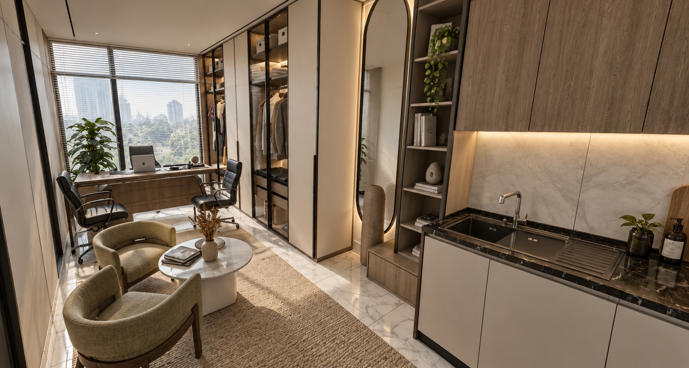 The photo presents a sleek and highly functional interior, embodying a modern minimalist haven designed for versatile living. The space is intelligently segmented, beginning on the left with a dedicated home office area, featuring a substantial light wooden desk equipped with a laptop and two ergonomic black office chairs. Behind it, expansive glass partitions or large windows extend from floor to a dark ceiling, hinting at abundant natural light. A vibrant green potted plant adds a touch of organic life to this workspace. Moving towards the center, a comprehensive wardrobe and storage system dominates, blending seamlessly with opaque light grey cabinetry and transparent glass-fronted sections showcasing neatly arranged clothing and accessories. Adjacent to this, a tall, oval-framed mirror stands beside a narrow open shelving unit and a small integrated bench, offering a practical dressing zone. To the right, a compact yet elegant kitchenette is revealed, featuring sleek light grey lower cabinets and rich, dark wood grain upper cabinets. A black marble-patterned countertop houses a modern stainless steel sink with a sophisticated single-lever faucet, providing essential functionality for light meal preparation within this self-contained living environment. In the foreground, a welcoming lounge area is created by two contemporary armchairs upholstered in a soft, light beige fabric, encircling a round white coffee table adorned with a minimalist vase of dried flowers and a stack of books, creating a serene spot for relaxation or informal gatherings. The flooring gracefully transitions from glossy white marble-patterned tiles in the working and storage zones to a plush, textured light brown carpet in the lounge area, visually defining the different functions while maintaining a cohesive aesthetic. This entire composition speaks to meticulous design, emphasizing clean lines, purposeful materials like polished wood, veined marble, and smooth laminates, all contributing to an atmosphere of refined efficiency and calm, truly embodying a minimalist haven.