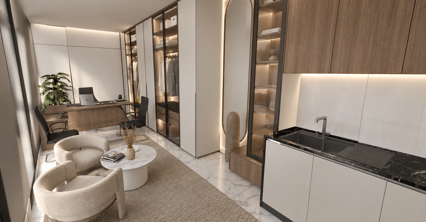 An incredibly lifelike, richly detailed, photorealistic interior perspective of a multifunctional minimalist haven set in a modern urban apartment. The scene is illuminated by soft, diffused daylight pouring in from an unseen source, creating a serene and uncluttered atmosphere. Captured with a 35mm wide-angle lens, the composition highlights the harmonious blend of sleek walnut cabinetry, matte white finishes, and cool, vein-patterned marble flooring. 

The space seamlessly transitions from a professional workspace—anchored by an elegant, streamlined wooden desk and ergonomic seating—to a sophisticated living area featuring plush, sand-colored armchairs gathered around a compact, white marble-topped coffee table. A tall, glass-encased wardrobe with integrated ambient lighting adds a layer of depth and luxury, reflecting the room's carefully curated, Zen-inspired aesthetic. The kitchenette corner is equally refined, featuring a striking black stone countertop and minimalist fixtures that maintain the clean, monochromatic flow. A lone indoor plant provides a touch of organic warmth against the refined palette of whites, grays, and subtle pastels, while the clutter-free surfaces and understated decor emphasize a highly functional, sophisticated lifestyle.