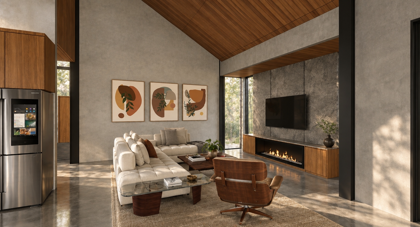 An incredibly lifelike, richly detailed, photorealistic interior perspective of a mid-century modern living room set in a sophisticated open-plan residence. The scene is illuminated by soft, natural afternoon light filtering through large glass panels, creating a warm, tranquil, and timeless atmosphere. Captured with a 35mm wide-angle lens, emphasizing the rich grain of walnut wood cabinetry, the cool textural depth of concrete feature walls, and the buttery soft upholstery of the cream-toned sectional sofa.

The composition centers on a sleek linear fireplace built into a striking gray stone accent wall, perfectly balanced by a trio of abstract prints featuring organic shapes in burnt orange and muted blue. A refined teak coffee table sits atop a polished concrete floor, holding a small curated stack of photography books and a vibrant indoor plant that adds a touch of life to the clutter-free space. An iconic mid-century lounge chair, crafted from bentwood and supple leather, rests in the foreground, anchoring the seating arrangement. The vaulted wood-paneled ceiling draws the eye upward, reinforcing the airy, linear architecture and emphasizing the harmonious blend of natural materials and functional, uncluttered design.