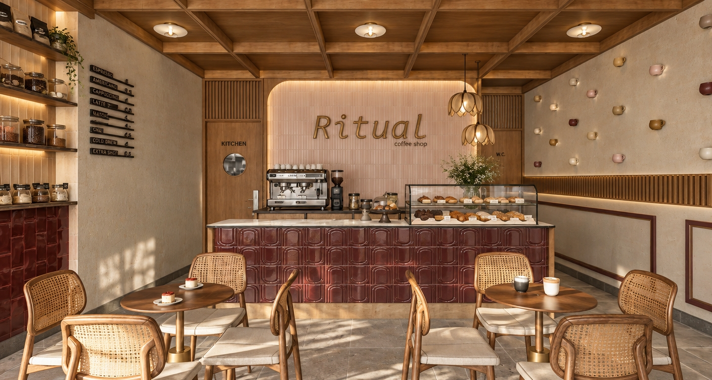 A crisp architectural photograph of the cafe interior captured on a bright summer midday, shot with a 35mm lens at eye level. Natural high-angle summer daylight fills the room from the entrance, blending with the warm glow of the overhead ceiling lights. Surfaces feature realistic physical textures: natural wood grain across the ceiling beams and chairs, woven cane backrests, matte stone flooring, and glazed ceramic tiles on the burgundy counter front. The chrome espresso machine and glass pastry case exhibit subtle specular highlights and soft reflections, balanced by gentle ambient shadows that lend the sunlit space authentic depth and warmth.