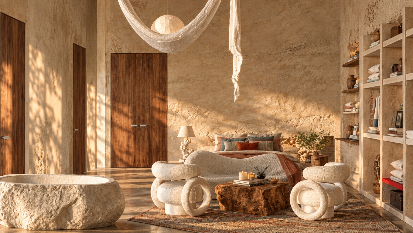 An incredibly lifelike, richly detailed, photorealistic interior shot of a serene bohemian bedroom oasis set in a sun-drenched, cliff-side retreat. The scene is illuminated by soft, golden-hour light filtering through the space, creating a warm, contemplative, and soulful atmosphere. Captured with a 35mm lens, the image emphasizes the tactile contrast between the rugged, hand-applied lime-wash walls in earthy neutrals and the refined, deep-grained walnut cabinetry that punctuates the room. At the center, a sculptural, cloud-like sofa upholstered in cream-colored boucle is flanked by avant-garde, circular-framed lounge chairs, gathered around a raw-edge, burl-wood coffee table adorned with curated vintage decor and artisan candles. A striking, hand-woven textile installation hangs suspended like a piece of living tapestry, grounding the lofted ceiling, while the periphery reveals an open-concept wardrobe system layered with neatly folded linens and globally-inspired curios. The composition flows seamlessly toward a monolithic, stone-carved soaking tub in the foreground, juxtaposed against the distant, cozy bed ensemble dressed in shades of warm rust and muted teal, all anchored by thick, layered rugs that evoke a sense of grounding. Every element, from the delicate pampas grass to the subtly lit bedside lamps, feels like a page from a high-end design photography book, capturing a perfect harmony of handcrafted textures and free-spirited, eclectic luxury.