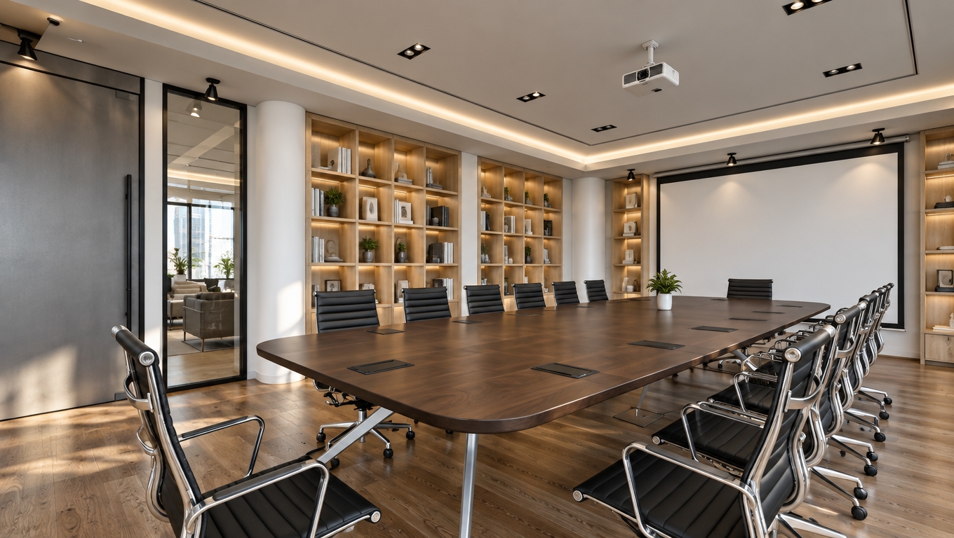 A photorealistic interior photograph of this modern conference room bathed in soft, diffused natural daylight that imparts an organic, airy atmosphere. The dark wood conference table displays a subtle satin sheen and authentic wood grain, surrounded by sleek black leather and chrome office chairs showing realistic material reflections. Along the wall, the built-in light wood shelving unit reveals warm oak grain textures, accented by soft ambient shadows. The hardwood floor shows fine timber planks with gentle specular highlights, complemented by smooth matte gray walls and a realistic ceiling with recessed lighting and a ceiling-mounted projector. Captured with a wide-angle architectural lens, balanced exposure, natural color temperature, and subtle depth of field to create an authentic, lived-in commercial space.