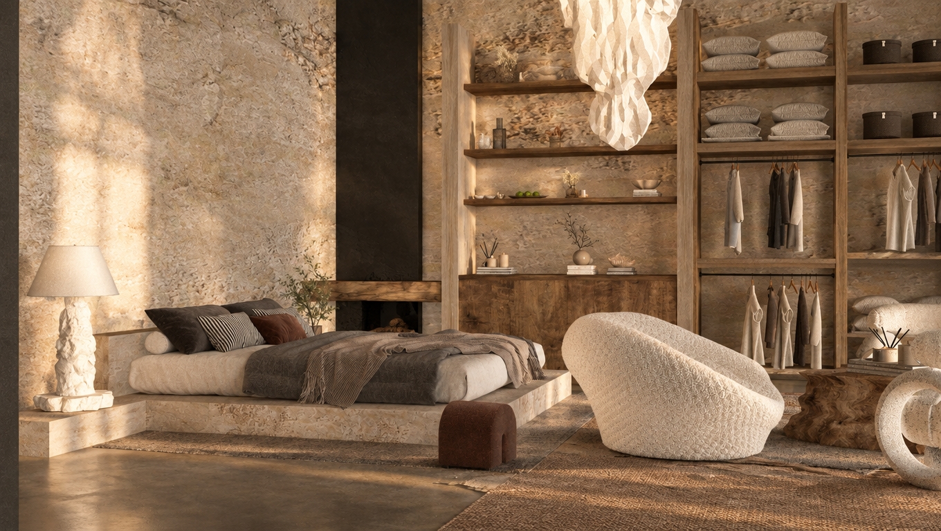 An incredibly lifelike, richly detailed, photorealistic interior shot of a bohemian oasis bedroom set in a tranquil, sun-drenched sanctuary. The scene is illuminated by soft, diffused golden-hour light filtering across the raw, textured stone walls, creating a serene and soul-warming atmosphere. Captured with a 35mm lens, the composition emphasizes the tactile contrast between the rugged limestone platform bed, the artisanal wood cabinetry, and the plush, organic curves of a white bouclé lounge chair. The palette is a curated harmony of earthy neutrals, punctuated by deep charcoal accents and warm rust undertones found in the layered textiles and vintage-collected decor. A sculptural, cloud-like pendant light hangs gracefully above, casting subtle shadows that highlight the intricate grain of the wooden shelving, which is adorned with delicate pampas grass, handcrafted ceramics, and curated literary volumes. A rich, woven rug grounds the space, leading the eye toward the open-concept closet system where crisp linens and neatly arranged garments add a sense of lived-in elegance. Every surface—from the porous, hand-finished walls to the velvet-soft cushions—conveys a sense of global-inspired luxury, making the room feel like a permanent, dreamlike retreat defined by high-end materiality and a free-spirited, sophisticated aesthetic.