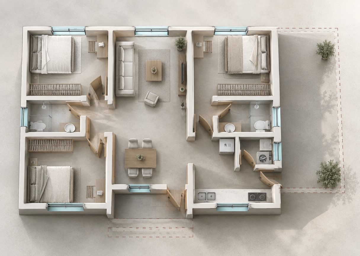 An incredibly lifelike, richly detailed, photorealistic high-angle interior view of a modern living room and open dining suite set in a contemporary single-story residence. The scene is illuminated by soft, diffused morning sunlight pouring through large windows, creating a serene, airy, and Zen-inspired atmosphere. Captured with a 24mm tilt-shift architectural lens, emphasizing clean geometric lines, pristine finishes, and crisp, tactile surfaces. The uncluttered living space showcases an elegant, low-profile sofa upholstered in textured off-white linen, facing a sleek, light oak coffee table neatly styled with a single hardcover photography book. Subtle abstract canvas art in muted gray and pastel tones hangs on smooth, matte-white plaster walls, complemented by seamless pale microcement flooring. In the adjoining dining area, a streamlined wooden table with slender, minimalist chairs maintains the functional, monochromatic aesthetic, while a solitary potted indoor plant stands gracefully in a corner, infusing quiet organic warmth into the beautifully organized home.