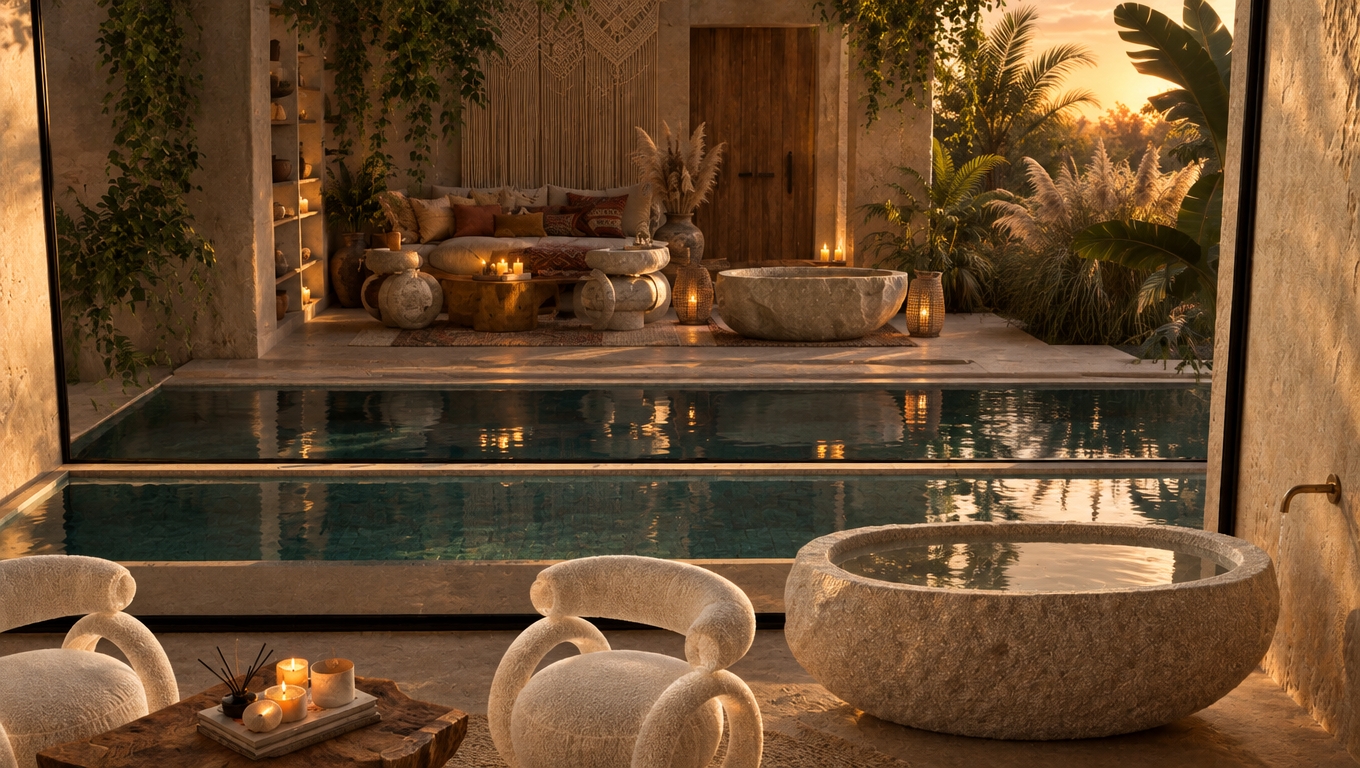 An incredibly lifelike, richly detailed, photorealistic interior shot of a bohemian sanctuary set against a serene, private outdoor pool area. The scene is illuminated by the soft, golden glow of dusk filtering through the architecture, creating a meditative, soulful atmosphere. Captured with a 35mm lens, the image emphasizes the tactility of the rough-hewn stone soaking tub and the plush, organic curves of the boucle accent chairs. The composition balances the intimate, earthy interior—adorned with a curated collection of artisanal candles, a rustic live-edge coffee table, and a subtly integrated palette of warm rusts and deep, cooling teals—against the reflective, dark stillness of the pool visible through the floor-to-ceiling glass. Beyond the threshold, the space suggests a lush, free-spirited oasis filled with swaying pampas grass, layered macrame textures, and the shadows of trailing greenery. The interplay of materials—from the cool, weathered plaster of the walls to the warm, tactile depth of vintage-collected decor—evokes the feeling of a high-end travel photography book, capturing a moment of refined, globally-inspired tranquility where the boundaries between the spa-like interior and the outdoor elements dissolve into a harmonious, textured retreat.