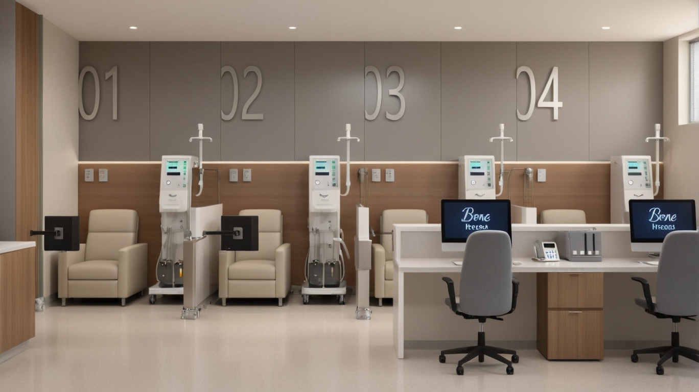 An incredibly lifelike, richly detailed, photorealistic interior shot of a high-end hospital infusion suite set in a professional, serene healthcare environment. The scene is illuminated by soft, diffused midday light filtering from above, creating a calming, clinical, yet warm atmosphere. Captured with a 35mm lens, emphasizing the crisp textures of the matte-gray paneled walls and the warm, natural grain of the wood accents.

The room is a minimalist haven, characterized by an uncluttered, streamlined design that favors functionality without sacrificing elegance. Each patient station is distinctly labeled with raised numerals against a sophisticated gray backdrop, separated by glass privacy partitions that maintain an open, airy feel. The sleek, modern medical equipment is seamlessly integrated into the space, reflecting a commitment to high-end patient care. In the foreground, a professional nursing station is organized with minimalist precision, featuring ergonomic swivel chairs and integrated computer displays branded with the hospital’s identity. The aesthetic is strictly monochromatic, playing with refined shades of slate, cream, and soft wood tones, ensuring the environment remains peaceful, zen-inspired, and entirely free of visual clutter.
