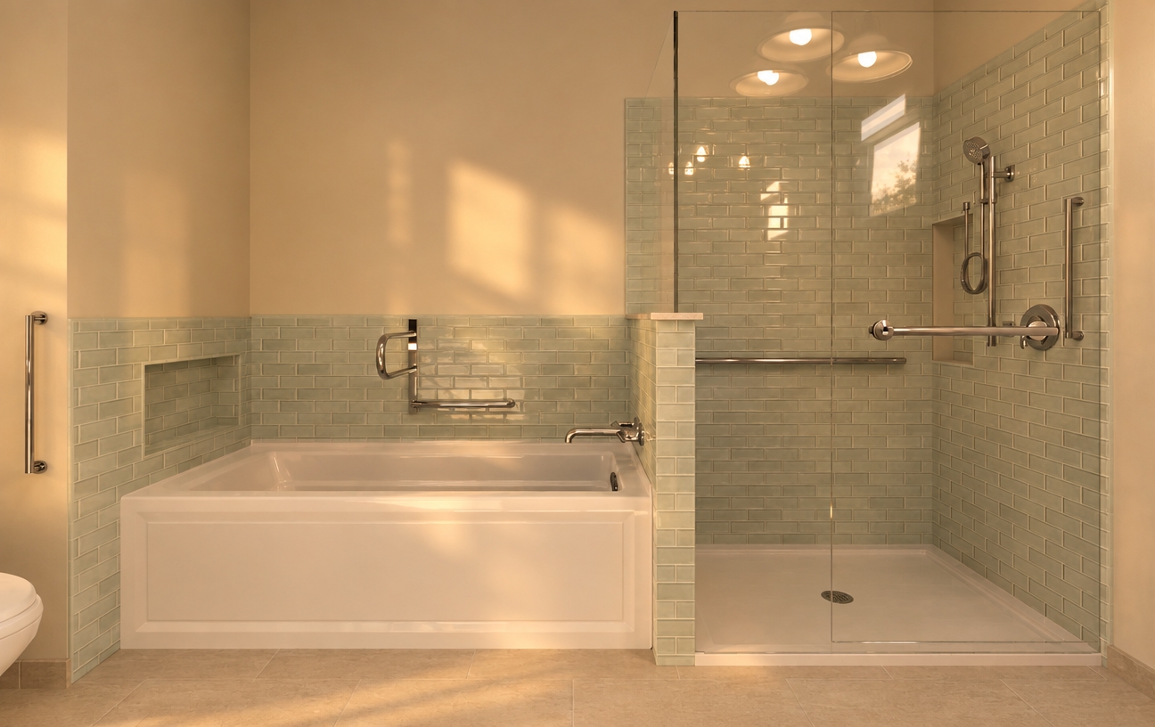 An incredibly lifelike, richly detailed, photorealistic interior shot of a minimalist spa-inspired bathroom set in the golden glow of a late afternoon. The scene is illuminated by warm, soft, golden-white ambient light, creating a serene, inviting, and tranquil atmosphere. Captured with a 35mm wide-angle lens, emphasizing the delicate, glossy texture of the seafoam green subway tiles and the high-polish finish of the chrome fixtures.

The space is bathed in a gentle, sunset-infused warmth that softens the clean architectural lines of the built-in bathtub and the expansive walk-in shower. The golden light catches the edges of the frameless glass partition and creates soft, diffused highlights on the white porcelain surfaces, transforming the clinical functionality of the grab bars and fixtures into elegant metallic accents. The shift in color temperature turns the space into a warm, sanctuary-like retreat, where the cool green tiles take on a softer, sage-like hue, and the entire room feels enveloped in a calm, amber-tinted serenity.