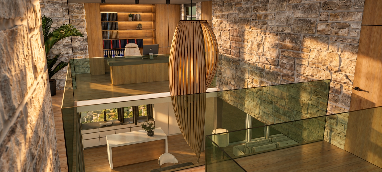 Architectural interior photograph taken at sunrise, strictly maintaining the exact composition, geometry, and layout of the scene. Low-angled golden sunlight streams into the two-story space, casting warm morning light and long, soft shadows across the rustic stone masonry walls and natural wood cabinetry. The central sculptural slatted wooden pendant catches delicate rim lighting, accentuating its tactile timber grain. Realistic transparency, soft reflections, and subtle specular highlights define the green-tinted glass balustrades, rendered with natural camera depth, balanced dynamic range, and fine photographic grain.