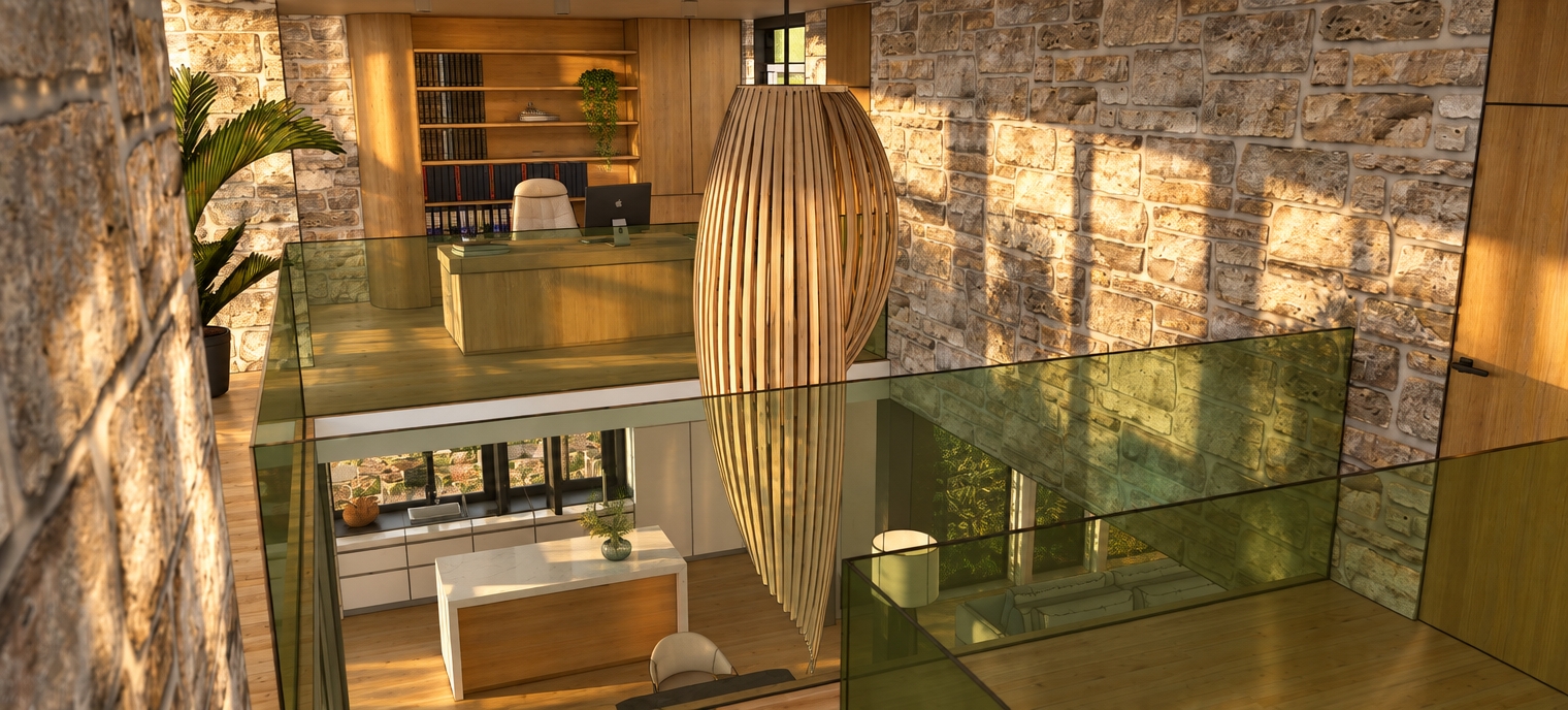 A photorealistic photograph capturing this split-level interior bathed in warm, low-angle sunrise light. Golden morning sunlight streams across the textured rustic stone walls and natural wood cabinetry, casting soft, elongated shadows throughout the open mezzanine and kitchen below. The central slatted timber pendant light showcases realistic organic wood grain, while the translucent green glass railings feature subtle, clean reflections and slight refractive caustics on the warm oak flooring. The lighting balances vibrant golden highlights with gentle morning ambient fill, rendered with realistic photographic contrast, fine surface textures, and a subtle warm color temperature.