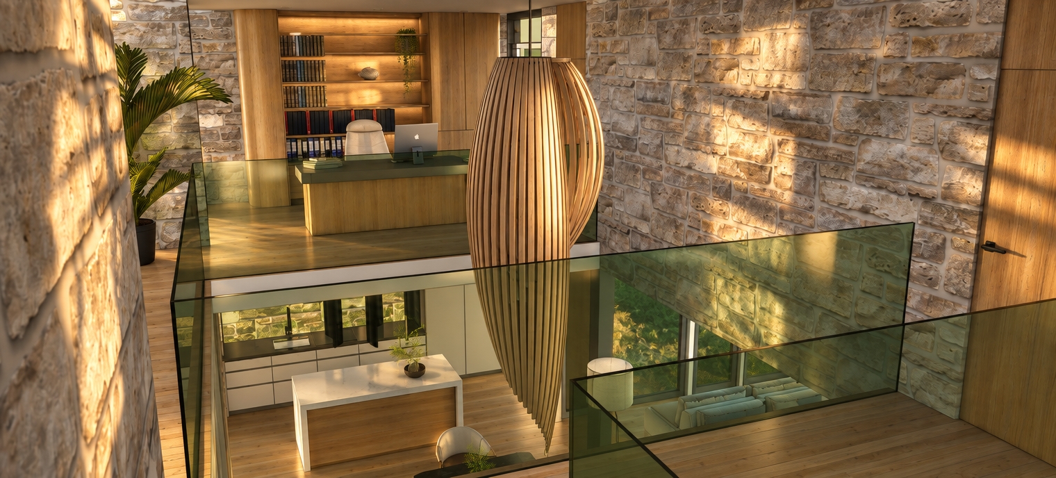 A photorealistic architectural interior photograph capturing the exact double-height space during early sunrise, where warm, low-angle golden sunlight streams across the rough, tactile masonry stone walls and light oak cabinetry. The scene maintains the precise elevated perspective looking over the mezzanine and through the green-tinted glass balustrades down to the kitchen below. The central sculptural wooden slatted pendant catches delicate edge highlights, while realistic reflections and refractions define the glass panels. Soft morning shadows, authentic surface textures, balanced dynamic range, and subtle photographic depth of field complete this naturally illuminated morning capture.