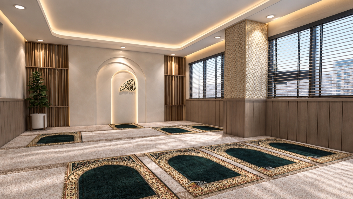 An incredibly lifelike, richly detailed, photorealistic wide-angle interior shot of a contemporary prayer room set in a refined office complex during a crisp, mid-day winter. The scene is illuminated by a combination of soft, diffused daylight filtering through sleek blinds and warm, hidden cove lighting, creating a serene, sophisticated atmosphere. Captured with a 24mm wide-angle lens, the image emphasizes the interplay of textures, from the plush, high-pile carpeting featuring ornate prayer rug motifs to the smooth, matte finish of the warm white walls and the lustrous geometric latticework of the central structural column.

The design exudes contemporary elegance, defined by clean lines and a curated color palette of pearl, champagne, and soft gray. The focal point is a gracefully arched niche, highlighted by subtle backlighting that frames a delicate calligraphic mural, serving as a piece of abstract wall art. Flanking the space are vertical timber slats that introduce natural warmth, contrasting beautifully against the polished, light-filled aesthetic. Every element, from the slim, modern recessed lighting to the balanced symmetry of the floor layout, speaks to an understated, professional sophistication. The perspective draws the eye across the expanse, capturing the depth of the space and the harmonious integration of architectural structure and spiritual functionality, rendered with the precision of a high-end photography book.