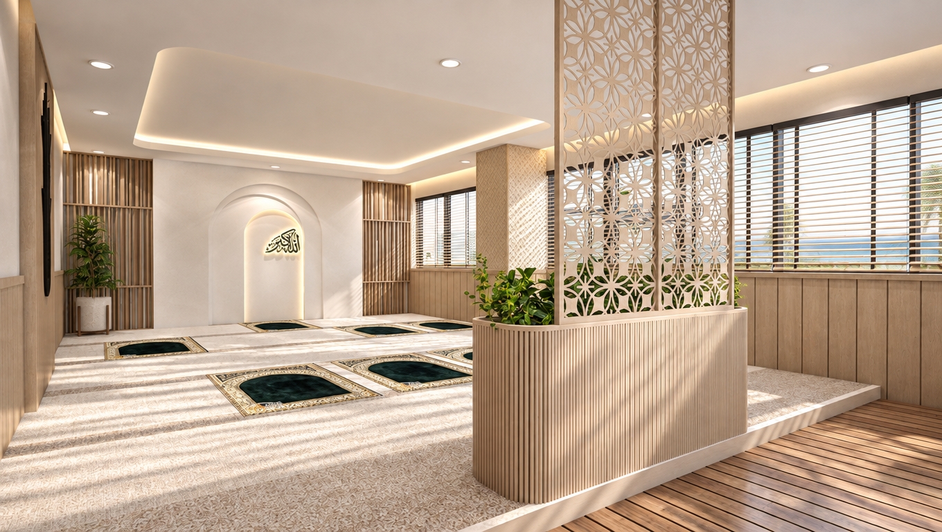 An incredibly lifelike, richly detailed, photorealistic interior shot of a serene, modern prayer room set in a coastal office environment. The scene is illuminated by soft, diffused midday light, creating an airy, fresh, and sun-kissed atmosphere that evokes a gentle spring breeze. Captured with a wide-angle lens, the composition emphasizes the clean lines of the sand-toned carpeting and the intricate laser-cut wooden screens that act as natural, nautical-inspired partitions.

The design masterfully blends spiritual tranquility with a relaxed, beachy aesthetic, featuring light wood paneling, uncluttered surfaces, and strategically placed potted plants that add a vibrant touch of organic life. Deep neutrals and sandy hues dominate the space, while the architectural details—such as the recessed ceiling lighting and the elegant archway housing delicate calligraphy—provide a sense of sophisticated calm. The space feels open and inviting, with the slatted blinds filtering the light to cast subtle, linear shadows that dance across the floor, perfectly capturing a peaceful, coastal-inspired sanctuary within a professional setting.