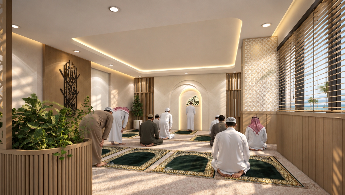 An incredibly lifelike, richly detailed, photorealistic wide-angle interior shot of a serene prayer room within a modern office building set in a coastal environment. The scene is illuminated by soft, natural midday sunlight filtering through wooden blinds, creating a tranquil, ethereal atmosphere as a gentle coastal breeze is implied by the slight swaying of a potted plant. Captured with a 24mm wide-angle lens, the composition highlights rows of meticulously arranged, plush prayer mats where several men in traditional thawbs are captured in various stages of prayer, their posture reflecting deep concentration and reverence. The space is anchored by a beautifully lit, recessed arched niche adorned with intricate Arabic calligraphy, while the walls feature a sophisticated blend of warm, vertical wood paneling and elegant geometric patterned wallpaper. The indirect LED cove lighting softly washes the ceiling, balancing the natural light to create a sense of expansive, peaceful depth. The overall aesthetic is one of refined minimalism and spiritual calm, where the polished, light-toned carpeting and the rhythmic placement of the worshippers create a perfect harmony between professional office architecture and a dedicated, sacred space.