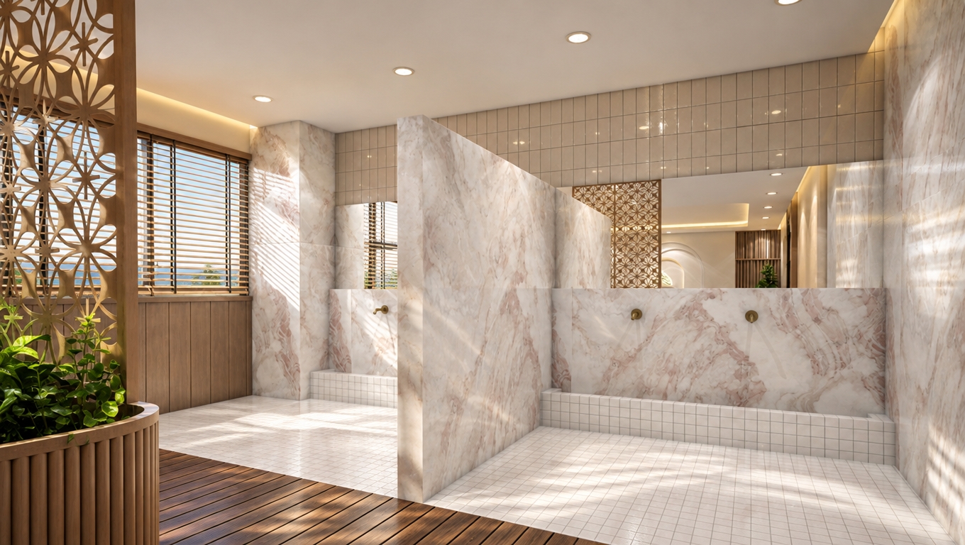 An incredibly lifelike, richly detailed, photorealistic interior perspective of a high-end, contemporary washroom suite set in a coastal office environment. The scene is illuminated by soft, diffused midday light streaming through slatted wooden blinds, creating a serene, sun-kissed atmosphere. Captured with a professional wide-angle lens, the composition emphasizes the tactile contrast between the cool, veined white and pink marble partitions and the warm, deep-toned slatted wooden flooring. 

The space feels remarkably fresh and airy, reflecting a relaxed, beachy aesthetic through the use of sandy neutrals and clean, uncluttered surfaces. A bespoke laser-cut lattice screen adds a touch of intricate, nautical-inspired geometry, casting delicate shadows that dance across the room. Potted greenery provides a vibrant organic accent, while the minimalist brass wall-mounted fixtures shimmer under the recessed lighting. The overall design harmonizes the polished sophistication of a luxury spa with a casual, coastal-inspired office retreat, evoking the tranquil essence of a fresh, spring ocean breeze.