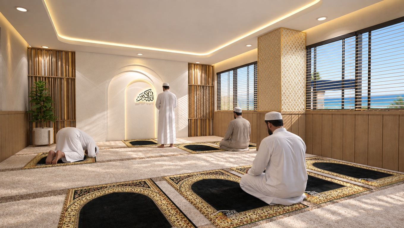 An incredibly lifelike, richly detailed, photorealistic wide-angle interior shot of a serene prayer room set in a modern office building overlooking the coast during a bright spring midday. The scene is illuminated by soft, diffused natural sunlight streaming through slatted blinds, creating a tranquil, spiritual atmosphere. Captured with a 24mm wide-angle lens, emphasizing the intricate textures of the warm oak wall paneling, the delicate gold-laser-cut geometric column, and the plush, high-pile beige carpeting. Four men dressed in modest, traditional white and light gray thobes are captured in various stages of prayer, their figures positioned gracefully upon the prayer rugs, adding a profound sense of devotion and humanity to the space. The soft, golden glow from the recessed cove lighting highlights the elegant Arabic calligraphy on the central wall, while the open blinds suggest a gentle coastal breeze rustling the leaves of the lush indoor potted plant, perfectly blending professional serenity with peaceful architectural grace.