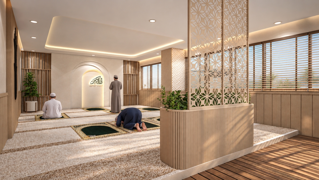 An incredibly lifelike, richly detailed, photorealistic wide-angle interior shot of a modern, serene prayer room within a coastal office suite, set in the gentle warmth of a spring midday. The scene is illuminated by soft, diffused natural light filtering through slatted wooden blinds, creating a tranquil, ethereal atmosphere as a light coastal breeze stirs the air. Captured with a 24mm wide-angle lens, emphasizing the intricate laser-cut floral screens, the smooth matte texture of the arched mihrab wall, and the plush, high-pile carpet. Three individuals are depicted in various stages of quiet prayer, their postures reverent and composed, adding a layer of human scale to the refined architectural geometry. The composition balances the sleek, contemporary lines of the wood-paneled space with the organic touch of vibrant green indoor planters, while the soft, warm glow from the cove lighting highlights the elegant Arabic calligraphy, grounding the space in both professional sophistication and spiritual calm.