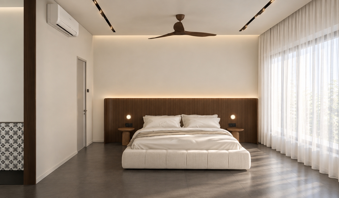 An incredibly lifelike, richly detailed, photorealistic interior shot of a minimalist master bedroom set in a tranquil, contemporary home. The scene is illuminated by soft, natural midday light streaming through the windows, creating a serene, airy, and clean atmosphere. Captured with a wide-angle 24mm lens, emphasizing the crisp contrast between the warm, rich walnut wood headboard and the smooth, milky-white walls.

The room exudes a sense of calm sophistication; the walls are finished in a subtle, matte-finish milk-white, providing a bright canvas for the space. Beneath, the floor is composed of large-format, deep charcoal porcelain tiles, polished to a muted, satin sheen, completely devoid of pattern to maintain the minimalist aesthetic. A luxurious, low-profile bed with plush, off-white linens sits center stage against an elegantly curved walnut headboard, which features integrated warm-toned LED accent lighting that glows softly against the white wall. Crisp white sheer curtains hang delicately by the window, diffusing the midday sun into a gentle, inviting light. A dark, modern wooden ceiling fan rests silently overhead, while minimalist track lighting is recessed flush into the ceiling, completing the clean, uncluttered vision of this peaceful haven.