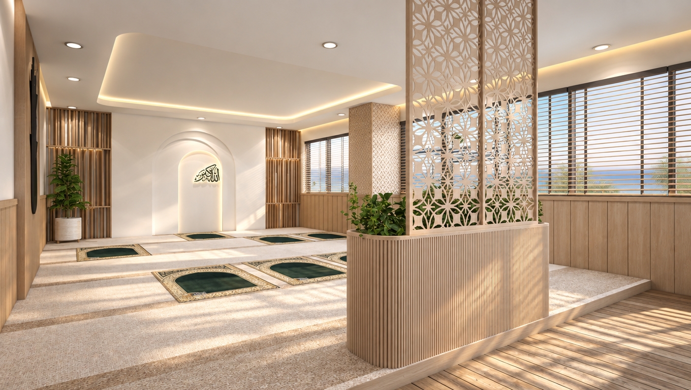 An incredibly lifelike, richly detailed, photorealistic interior shot of a serene, modern prayer room set in a coastal office environment. The scene is illuminated by soft, diffused midday light, creating an airy, fresh, and sun-kissed atmosphere that evokes a gentle spring breeze. Captured with a wide-angle lens, the composition emphasizes the clean lines of the sand-toned carpeting and the intricate laser-cut wooden screens that act as natural, nautical-inspired partitions.

The design masterfully blends spiritual tranquility with a relaxed, beachy aesthetic, featuring light wood paneling, uncluttered surfaces, and strategically placed potted plants that add a vibrant touch of organic life. Deep neutrals and sandy hues dominate the space, while the architectural details—such as the recessed ceiling lighting and the elegant archway housing delicate calligraphy—provide a sense of sophisticated calm. The space feels open and inviting, with the slatted blinds filtering the light to cast subtle, linear shadows that dance across the floor, perfectly capturing a peaceful, coastal-inspired sanctuary within a professional setting.