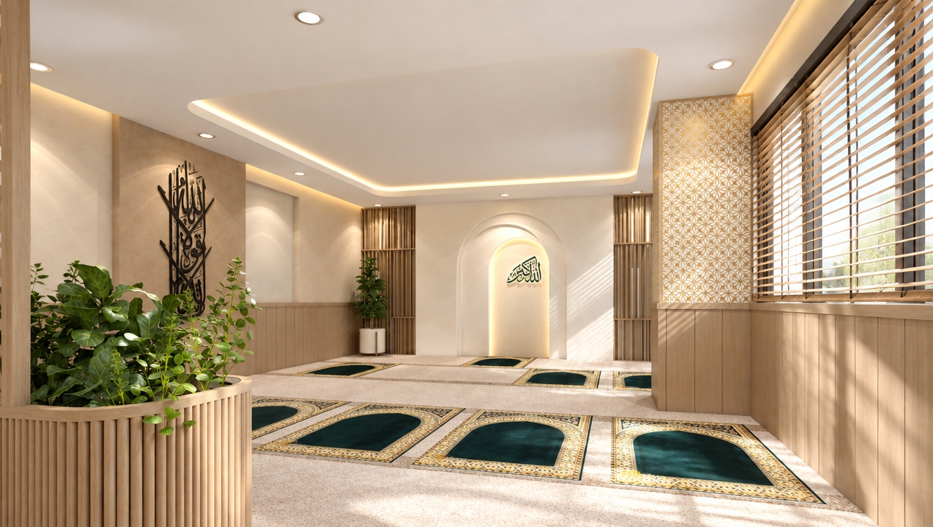 An incredibly lifelike, richly detailed, photorealistic wide-angle interior shot of a serene prayer room set in a contemporary office environment during a bright spring midday. The scene is illuminated by soft, natural light diffusing through wooden blinds, creating an airy, sun-kissed, and meditative atmosphere. Captured with a 35mm lens, the image emphasizes the smooth texture of the beige walls, the intricate geometric gold lattice patterns on the pillars, and the plush, neutral-toned carpeting.

The space is designed with a coastal, relaxed sensibility, featuring sandy neutrals and soft white finishes that evoke a calm, nautical freshness. An uncluttered layout highlights the central arched mihrab, which is elegantly back-lit to provide a glowing focal point. To the left, a vertical piece of black calligraphy serves as a bold, modern contrast against the warm, earthy wainscoting. A vibrant, deep green potted plant sits prominently in the foreground, its leaves catching the gentle light, adding a touch of nature that complements the tranquil, open-plan design. The composition is balanced and inviting, reflecting a perfect harmony between traditional spiritual elements and contemporary, breezy office aesthetics.