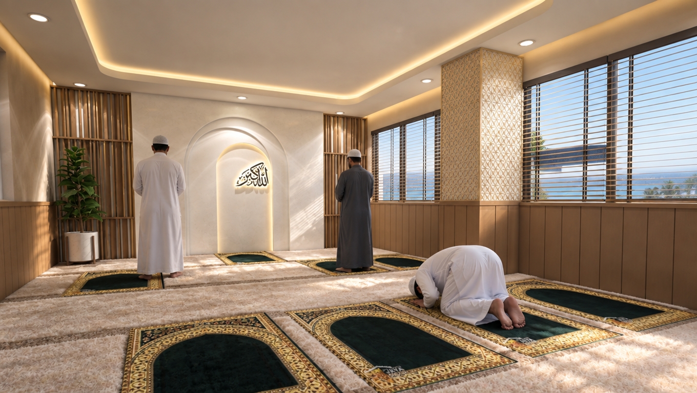 An incredibly lifelike, richly detailed, photorealistic interior perspective of a serene prayer room within a modern office building, set in a coastal environment during a bright spring midday. The scene is illuminated by a combination of natural light filtering through horizontal blinds and soft, warm cove lighting, creating a tranquil, meditative atmosphere. Captured with a wide-angle 24mm lens to emphasize the spaciousness, the image highlights the intricate gold-leaf geometric patterns on the pillar, the plush, high-pile beige carpeting, and the elegant wooden slat paneling. Three individuals are depicted in various stages of prayer—two standing in focused devotion and one in prostration—their presence adding a sense of soul and quiet reverence to the space. Beyond the window, a soft, coastal haze suggests a gentle breeze, while the minimalist, contemporary aesthetic balances architectural precision with spiritual warmth. The depth of field is carefully managed, keeping the sharp calligraphy of the niche in focus while allowing the soft, natural light from the exterior to create delicate highlights on the polished interior surfaces.