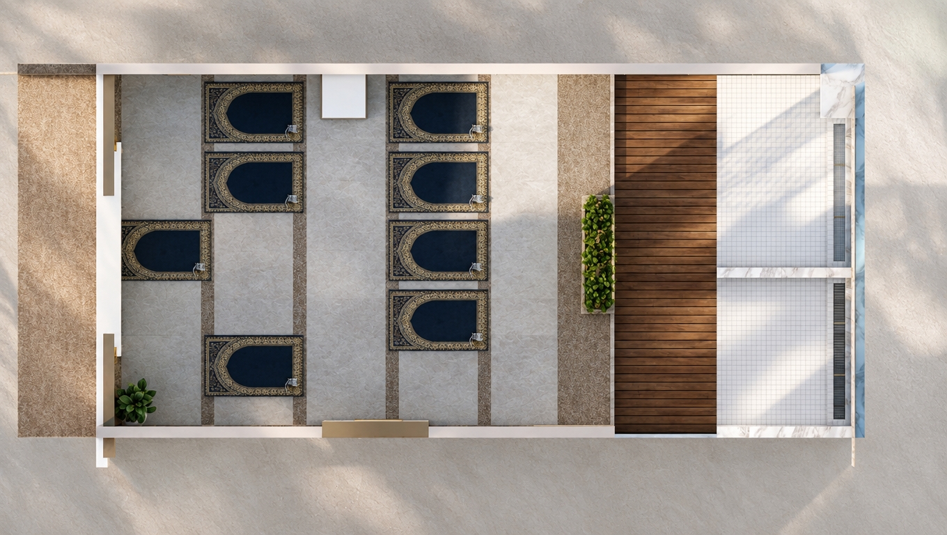 An incredibly lifelike, richly detailed, photorealistic bird’s-eye floor plan rendering of a serene office retreat set in a coastal environment. The scene is illuminated by soft, diffused midday light filtering in from the right, creating a tranquil, airy atmosphere. Captured with a high-end architectural lens, emphasizing the crisp contrast between the rich, dark-stained wooden flooring and the sun-bleached, sandy neutral stone tiles.

The layout is thoughtfully organized for a relaxed, productive flow. The primary workspace features plush, navy-bordered area rugs with intricate detailing, resting on polished light-gray stone that evokes the feel of a coastal shore. To the right, the workspace transitions into a warm, inviting zone with deep-toned horizontal wooden planks that glow under the spring sun. A linear, lush green planter acts as a natural room divider, injecting life into the open space. The far edge of the office is finished with pristine, white-tiled areas and elegant marble accents, suggesting a seamless blend of modern design and nautical charm. Uncluttered surfaces and deliberate plant placement, including a vibrant potted shrub in the corner, reinforce an inviting, breeze-swept aesthetic. The composition is balanced and spacious, capturing the essence of a sun-kissed, high-end office designed for peace and focus.