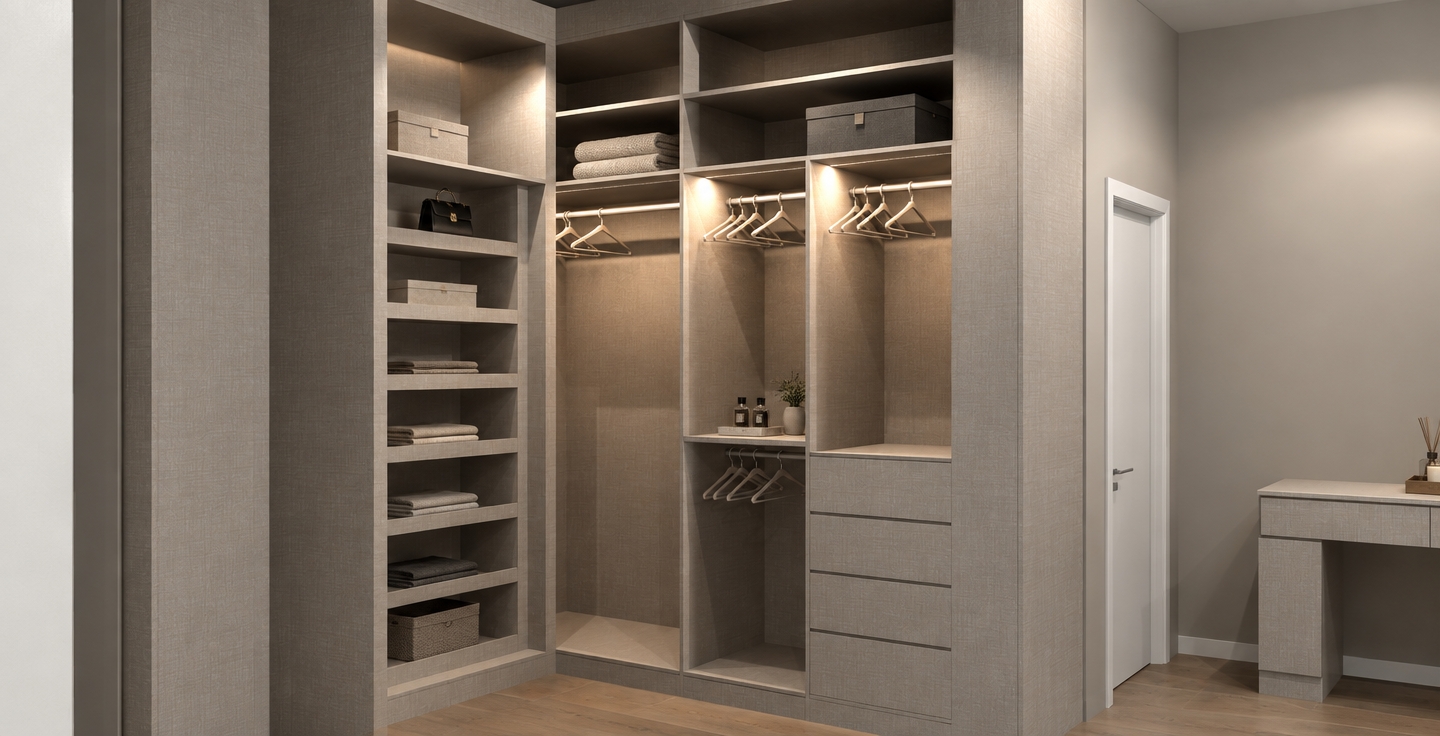 An incredibly lifelike, richly detailed, photorealistic interior shot of a sophisticated walk-in closet and dressing area set in a modern minimalist haven. The scene is illuminated by warm, recessed LED strip lighting tucked into the ceiling of the shelving units, creating a serene, zen-inspired atmosphere. Captured with a 35mm lens, emphasizing the fine, tactile texture of the light gray linen-weave cabinetry finish and the sleek, brushed-metal integrity of the garment rods.
This streamlined space exudes elegance through its monochromatic palette, utilizing soft shades of warm gray and crisp white to create an uncluttered, functional retreat. The composition highlights the geometric precision of the custom floor-to-ceiling cabinetry, which balances open shelving for a curated display of accessories with hidden, soft-close drawer storage. To the right, a minimal vanity surface transitions seamlessly into the room, reflecting a design philosophy where every element serves a purpose. The deliberate absence of visual noise, paired with the deep, soft shadows cast by the internal lighting, evokes a sense of calm sophistication, perfectly suited for a high-end architectural portfolio.