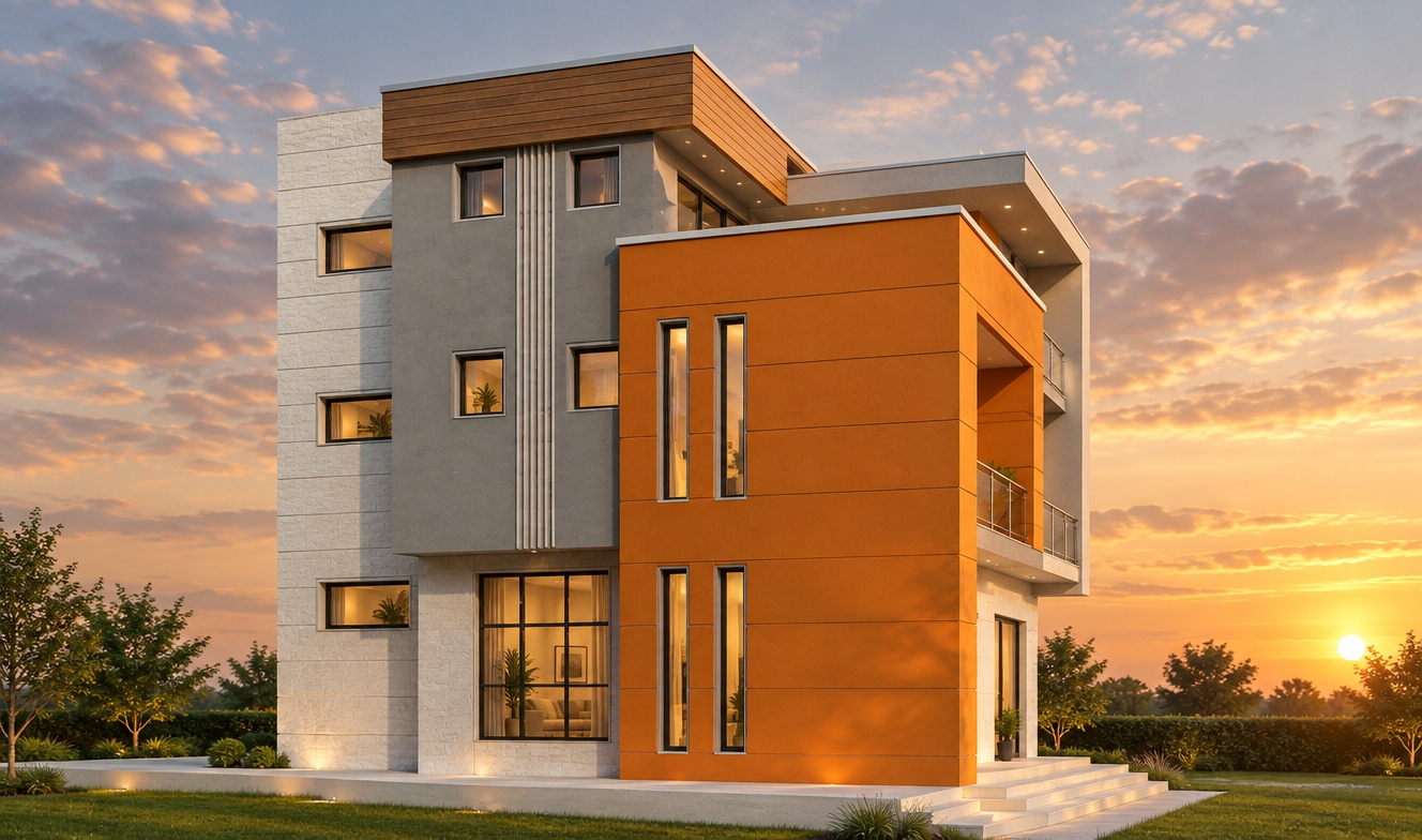 An incredibly lifelike, richly detailed, photorealistic wide-angle shot of a striking contemporary villa set in a serene, manicured suburban environment. The scene is illuminated by the warm, golden hues of a spring sunset, creating a tranquil, minimalist atmosphere. Captured with a Phase One XF camera, 35mm lens, emphasizing the interplay between the crisp matte orange façade, smooth dove-gray render, and textured white masonry.

The house stands as a minimalist haven, defined by its clean, uncluttered lines and functional, streamlined geometry. The exterior showcases an elegant balance of vertical and horizontal volumes, where deep shadows from the sunset accentuate the depth of the recessed windows and sleek metal-railed balconies. The composition is grounded by a pristine, white-tiled base that seamlessly transitions into the surrounding landscape. The interplay of the vivid orange accents against the calming gray tones evokes a modern, zen-inspired aesthetic, while the large glass apertures suggest an interior filled with light, where sleek designer furnishings and curated indoor greenery wait behind the threshold. The entire structure feels perfectly poised, an unadorned, sculptural work of art that prioritizes simplicity and high-end modern form.