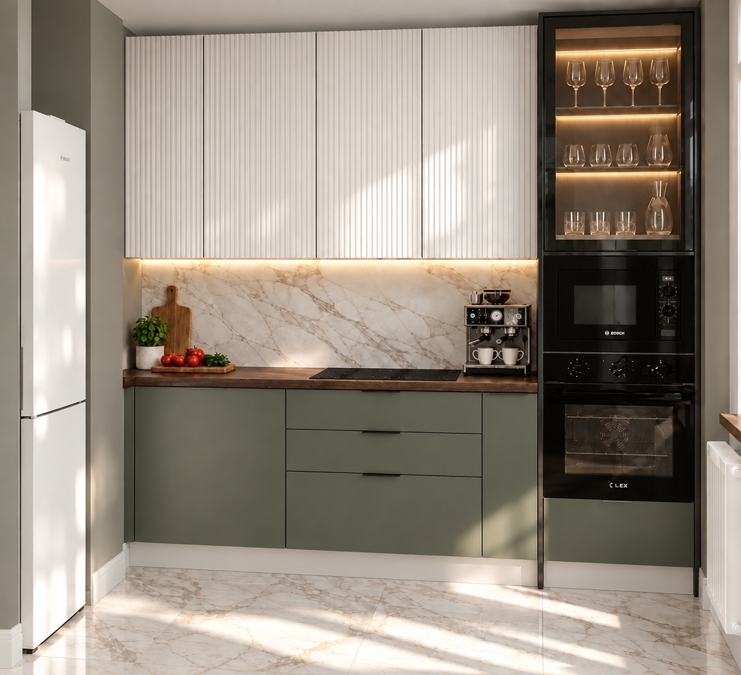 An incredibly lifelike, richly detailed, photorealistic eye-level interior shot of a contemporary kitchen set in a modern residential apartment. The scene is illuminated by soft, natural morning light filtering through an adjacent window, creating a warm, sophisticated, and inviting atmosphere. Captured with a 35mm lens, emphasizing the tactile contrast between the smooth "Brooklyn Green Stone" lower cabinetry and the vertical fluting of the crisp white upper units.

The design is grounded by gleaming Calacatta marble flooring, framed perfectly by clean, minimalist white baseboards. The rich, deep grains of the "Carpenter Dark Oak" countertop and matching windowsill provide an earthy, luxurious anchor to the workspace. Above, the tall display cabinet, crafted from sleek black aluminum, features an atmospheric, diffused internal glow that highlights a collection of fine glassware, adding a gallery-like elegance to the kitchen. The composition is balanced and deliberate, with every finish—from the matte green facades to the polished marble veins—rendered with exquisite precision to highlight a refined, modern fusion aesthetic.