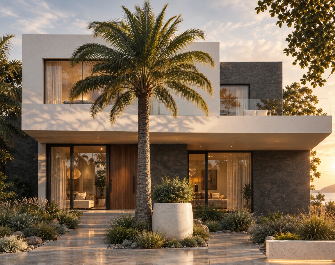 An incredibly lifelike, richly detailed, photorealistic eye-level exterior shot of a modern Scandinavian sanctuary set in a lush, tranquil coastal landscape. The scene is illuminated by the soft, honeyed glow of a late afternoon golden hour, creating a warm, serene, and hygge-inspired atmosphere. Captured with a 35mm lens at a wide aperture, the image emphasizes the crisp architectural lines, the tactile contrast between smooth plaster and rugged stone, and the delicate swaying of palm fronds.
The building is a masterclass in minimalist design, featuring a clean, geometric silhouette characterized by crisp, snow-white cantilevered volumes that contrast beautifully against charcoal-gray textured wall panels. The architectural style seamlessly blends Scandi-minimalism with an organic, tropical sensibility. Large, floor-to-ceiling glass windows dominate the facade, revealing glimpses into an airy, light-filled interior where plush, off-white textiles and warm wooden accents suggest a cozy, inviting retreat. The interior lighting casts a gentle amber radiance through sheer, floor-length curtains, softening the structural precision of the exterior.
The entryway is marked by a recessed ceiling lined with warm-toned wooden slats, creating a sense of natural warmth. This area is anchored by a massive, matte-white sculptural planter housing a verdant shrub, standing as a centerpiece near the clean, paved walkway.
The landscaping is thoughtfully curated to enhance the peaceful environment. A tall, textured palm tree stands proudly in the foreground, its fronds casting intricate, dappled shadows across the building's facade. The garden beds are composed of artfully arranged river stones and ornamental grasses in soft, muted greens, creating an organic transition between the structure and the surrounding nature.
The depth of field is masterfully handled, with the sharp details of the building and the primary palm tree pulling the viewer’s eye toward the front entrance, while the background trees blur into a soft, golden bokeh. Reflections on the polished concrete path and the high-performance glass windows capture the lingering sun, enhancing the sense of premium materiality and depth. The entire composition feels like an aspirational spread from a high-end architecture photography book, evoking a profound sense of calm, elegance, and architectural harmony.