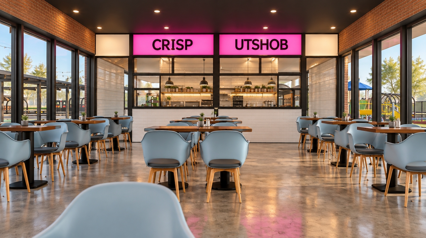 A photorealistic interior photograph of this modern coffee shop, rendered with the exact same layout, geometry, and camera perspective. The pink overhead signs are transformed into brightly illuminated acrylic lightboxes, emitting a soft neon glow across the clean lettering. Elegant, warm architectural lighting fills the dining space, complementing the natural daylight filtering through the large perimeter windows. The scene features authentic physical textures: polished concrete flooring with gentle diffuse reflections, matte pale-blue molded chairs with light wood legs, solid tabletops, and detailed exposed brick headers, captured with a sharp wide-angle lens, natural depth of field, and balanced exposure.