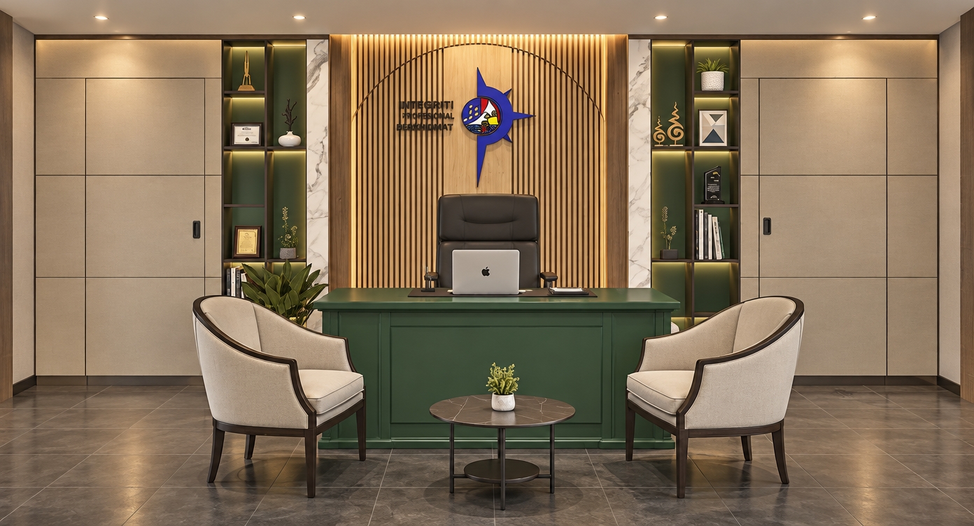 An architectural interior photograph of the executive office captured with a 35mm lens at eye level under warm, balanced lighting. Recessed ceiling downlights cast soft pools of light across the clean white ceiling, with gentle cove illumination accentuating the vertical oak slats, corporate insignia, and polished marble panels behind the desk. The rich green wooden desk features a smooth satin lacquer with realistic micro-reflections, while the guest armchairs show fine woven cream fabric textures and dark stained wood trims. The dark tiled floor displays soft specular highlights and subtle surface variations, producing realistic contact shadows and an authentic, high-end professional atmosphere while maintaining the exact composition and geometry.