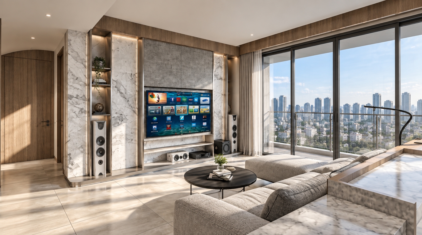 A realistic architectural photograph capturing this modern living room illuminated by bright, directional early-afternoon daylight pouring through the floor-to-ceiling glass doors on the right. The floor is finished in seamless matte ceramic tiles reflecting soft ambient diffusion, while the TV feature wall showcases polished white marble with delicate grey veining, flanked by matte silver metal shelving. Outside the balcony glass, a clear urban cityscape is visible under a crisp afternoon sky. Natural highlights and soft linear shadows stretch across the textured fabric sectional sofa, coffee table, and media console, captured with sharp focus, balanced neutral color balance, subtle lens vignette, and natural surface micro-textures.