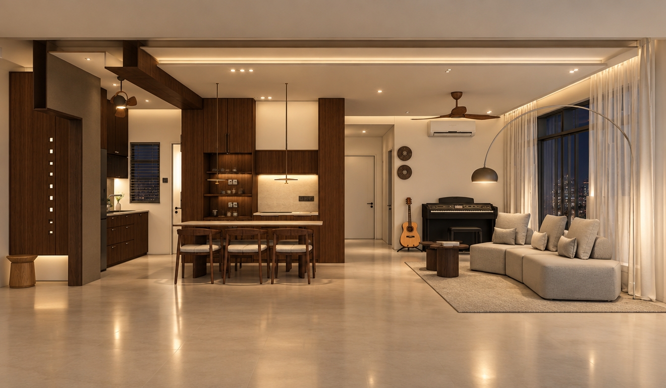 An incredibly lifelike, richly detailed, photorealistic interior shot of a sophisticated open-plan living and dining space set in a luxury urban apartment. The scene is illuminated by warm, recessed architectural lighting and the soft, ambient glow of a sleek arc floor lamp, creating a serene and inviting midnight atmosphere. Captured with a 35mm wide-angle lens, emphasizing the rich, vertical grain of the dark walnut cabinetry, the smooth, creamy texture of the milk-white walls, and the subtle warmth of the almond-hued flooring. 

The mid-century modern aesthetic is defined by clean lines and organic forms, featuring a sculpted modular sofa in a light heather-grey textile and elegant wooden dining chairs paired with a sleek island. To the right, floor-to-ceiling sheer white curtains drape gracefully, adding a layer of softness to the expansive glass facade. Details like the acoustic guitar resting by the digital piano and the curated circular wall art enhance the homey yet high-end feel. The composition achieves a perfect balance between the structured, dark timber kitchen zone and the airy, relaxed living area, with polished reflections on the smooth surfaces highlighting the premium materiality of this tranquil nocturnal retreat.