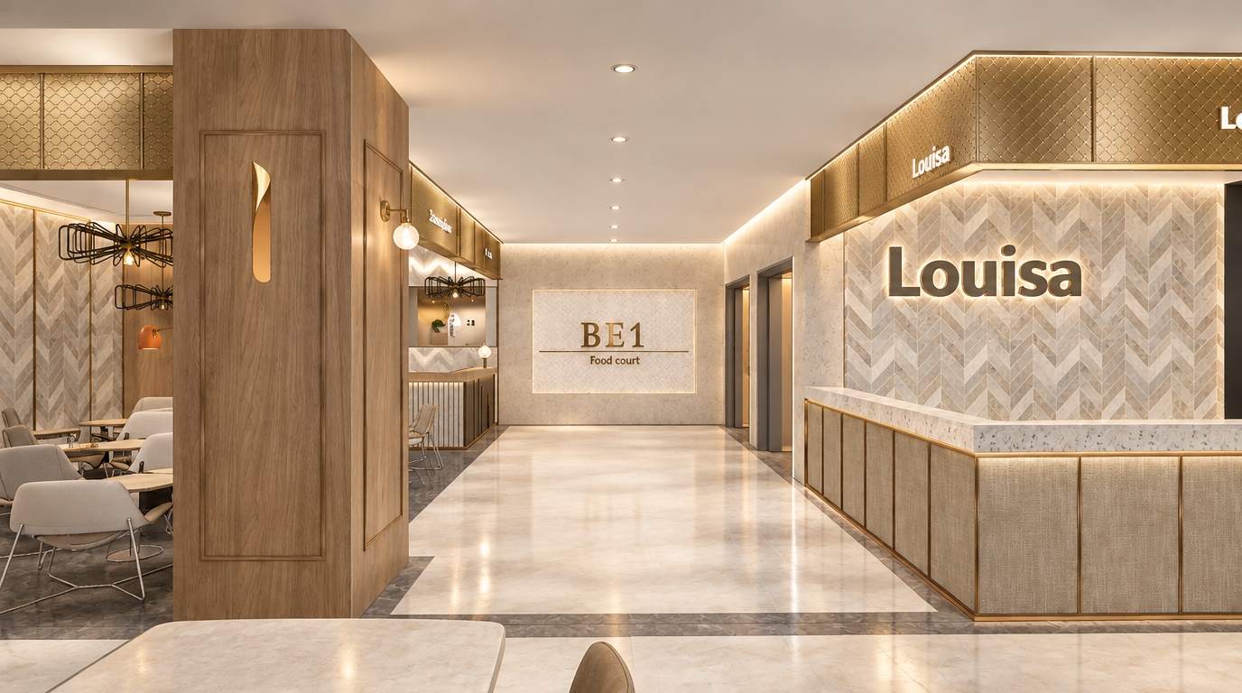 An incredibly lifelike, richly detailed, photorealistic interior perspective of a contemporary food court corridor set in a vibrant summer midday. The scene is illuminated by soft, natural light diffusing through the space, creating a sophisticated and airy atmosphere. Captured with a 35mm wide-angle lens, the image emphasizes the seamless blend of premium materials and refined textures.

The flooring consists of high-end, matte-finish marble tiles that stretch elegantly across the walkway, reflecting a subtle, non-glare glow. Flanking the corridor, the prominent "Louisa" storefront features a stunning upper signage panel crafted from intricate, woven titanium-gold metal mesh, which catches the light with a luxurious metallic shimmer. This is complemented by the warm, tactile quality of the wood-paneled pillars and the rhythmic pattern of herringbone-tiled walls. Modern minimalist sconces and geometric pendant lighting add a layer of sculptural interest, while the clean lines of the marble-topped service counters underscore a sense of contemporary elegance. The composition draws the eye toward the "BE1 Food Court" focal wall at the rear, perfectly balancing the inviting seating areas on the left with the polished storefronts on the right, all rendered with sharp depth of field and meticulous material clarity.