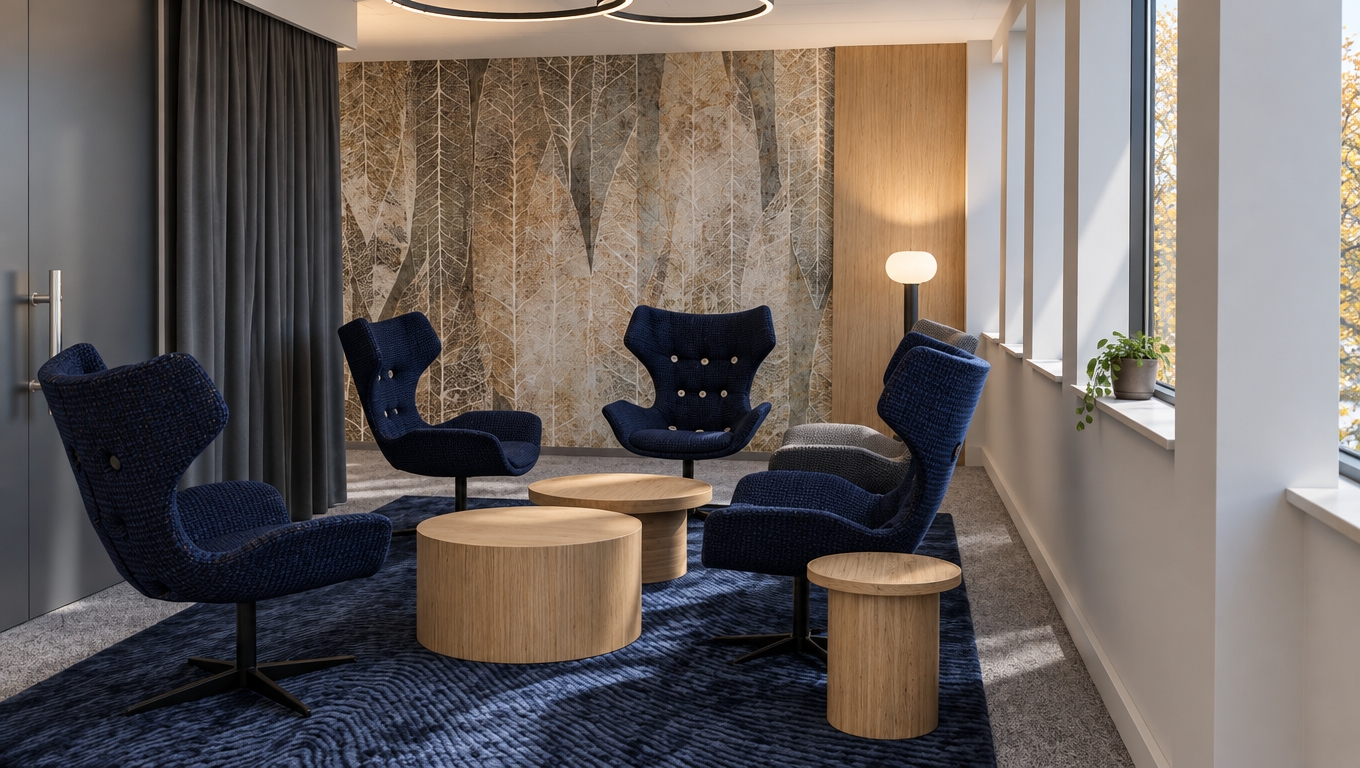 A crisp midday autumn photograph of the modern lounge interior, captured on a wide-angle lens with natural, balanced exposure. Cool daylight spills softly from the right windows, casting gentle shadows across the plush grey carpet and the textured deep-blue area rug, blending with the warm ambient glow of the ceiling light and the corner floor lamp against the wood paneling. The accent wall reveals tactile, matte wallpaper texture with organic leaf-vein patterns. The wingback swivel armchairs display realistic woven fabric micro-textures with subtle fabric creasing, while the cylindrical light-oak coffee tables show natural wood grain and subtle satin reflections. Realistic imperfections include mild optical falloff at the frame edges, faint dust motes in the air, and natural tonal gradations across the white architectural pillars.
