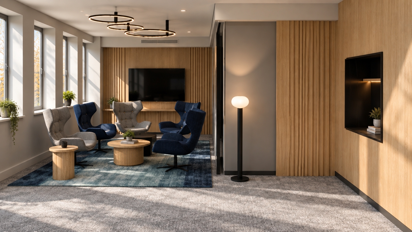 A crisp, high-end architectural photograph capturing the scene with sharp midday autumn sunlight streaming through the windows, casting soft-edged diagonal shadows across the grey carpet and wood paneling. The natural, balanced daylight mixes gently with warm interior ambient lighting from the ceiling fixtures and glowing floor lamp. Textures are tactile and realistic, featuring detailed upholstery weaves on the blue and grey lounge chairs, natural wood grain on the slatted walls and round side tables, and a subtle sheen on the black TV screen. Captured with a professional wide-angle lens, showing subtle lens vignetting, natural depth of field, and fine sensor grain to eliminate the 3D-render quality.